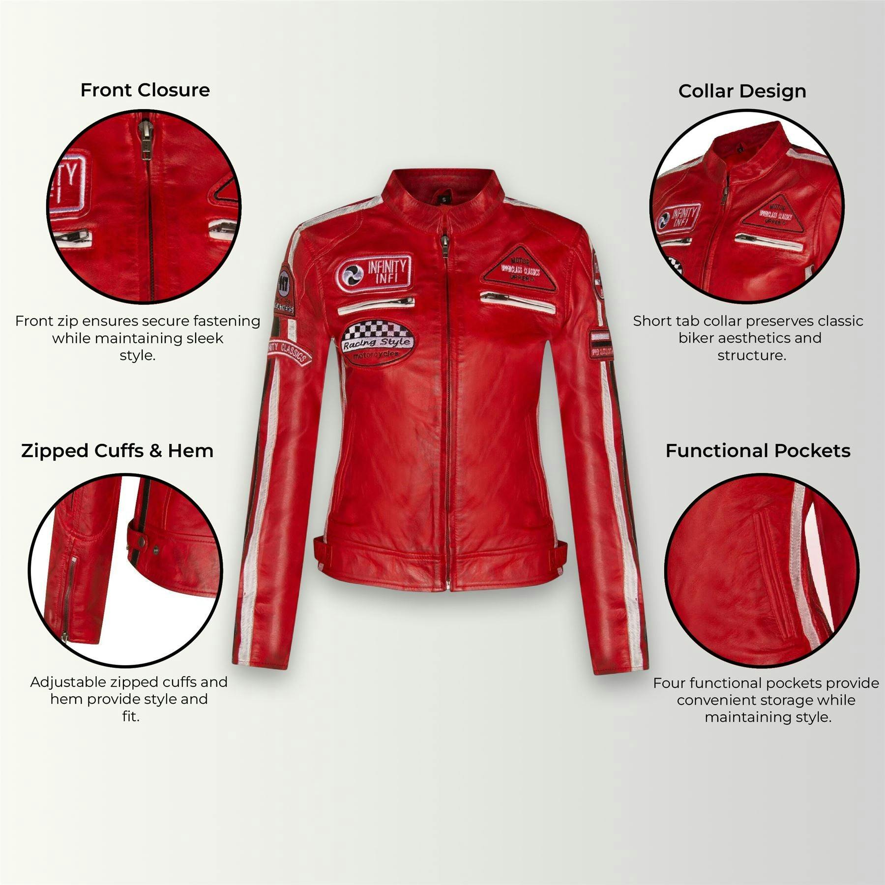 Infinity Leather Women's Red Leather Biker Racing Badges Jacket-Agadir - Uk 3XL/20 | Eu 46 | Us 16