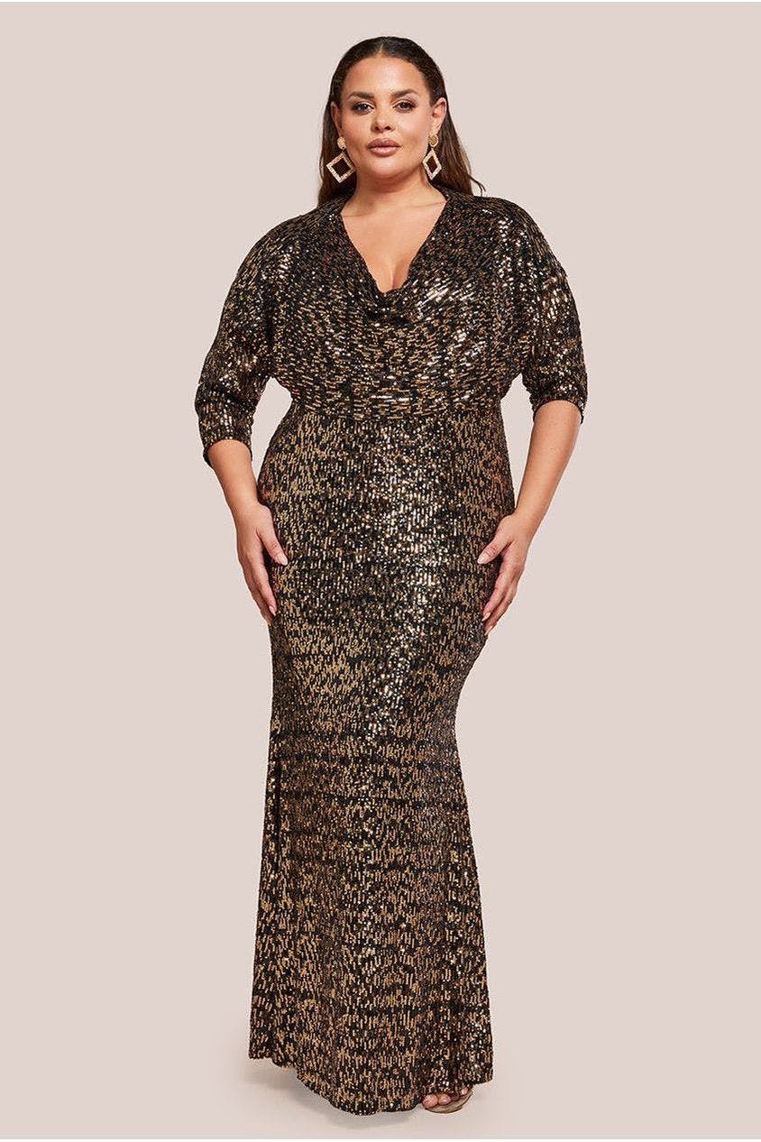Goddiva Plus Black Sequin Cowl Maxi Dress - By - 22