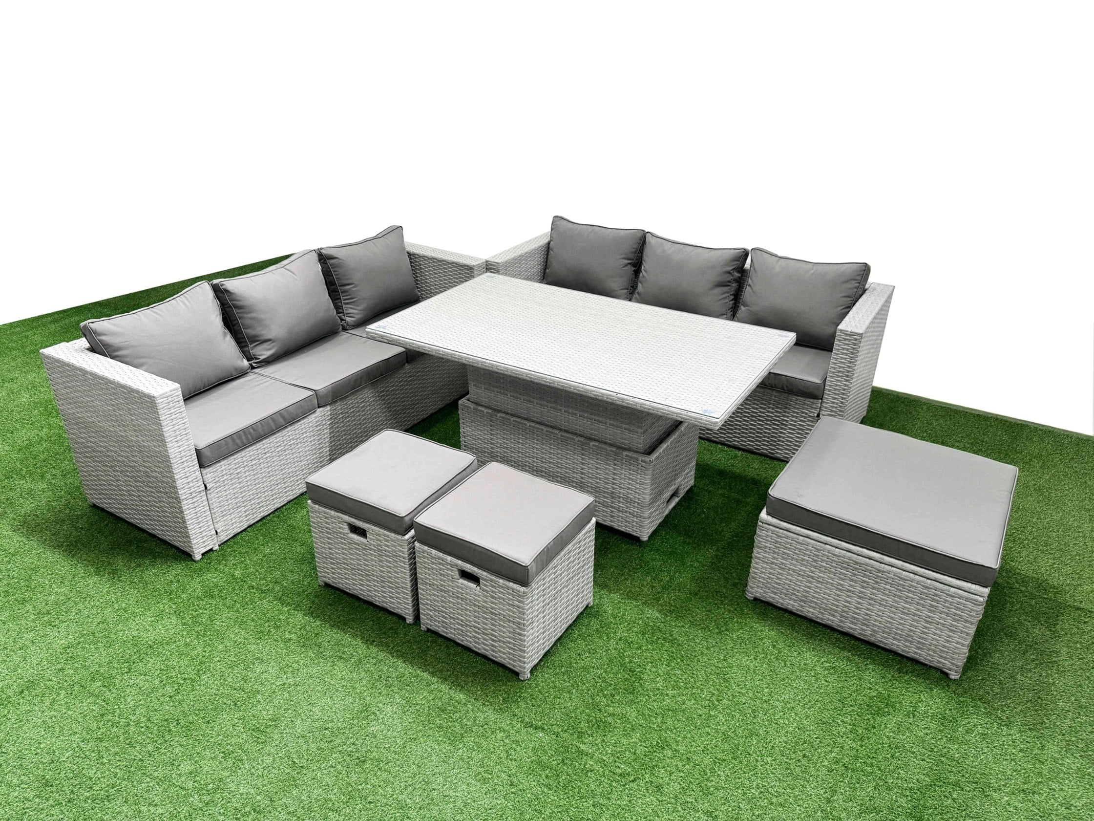 Fimous Light/Grey 6 Pcs Rising Dining Table Set Rattan Furniture Set With 3 Seater Sofa 2 Small Footstools Big Footstool