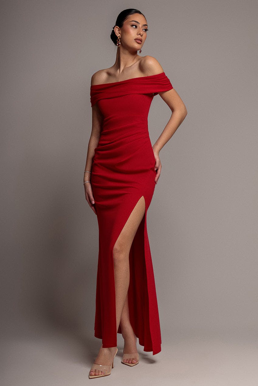 Goddiva Red Off The Shoulder Maxi Dress With Split - By - 10