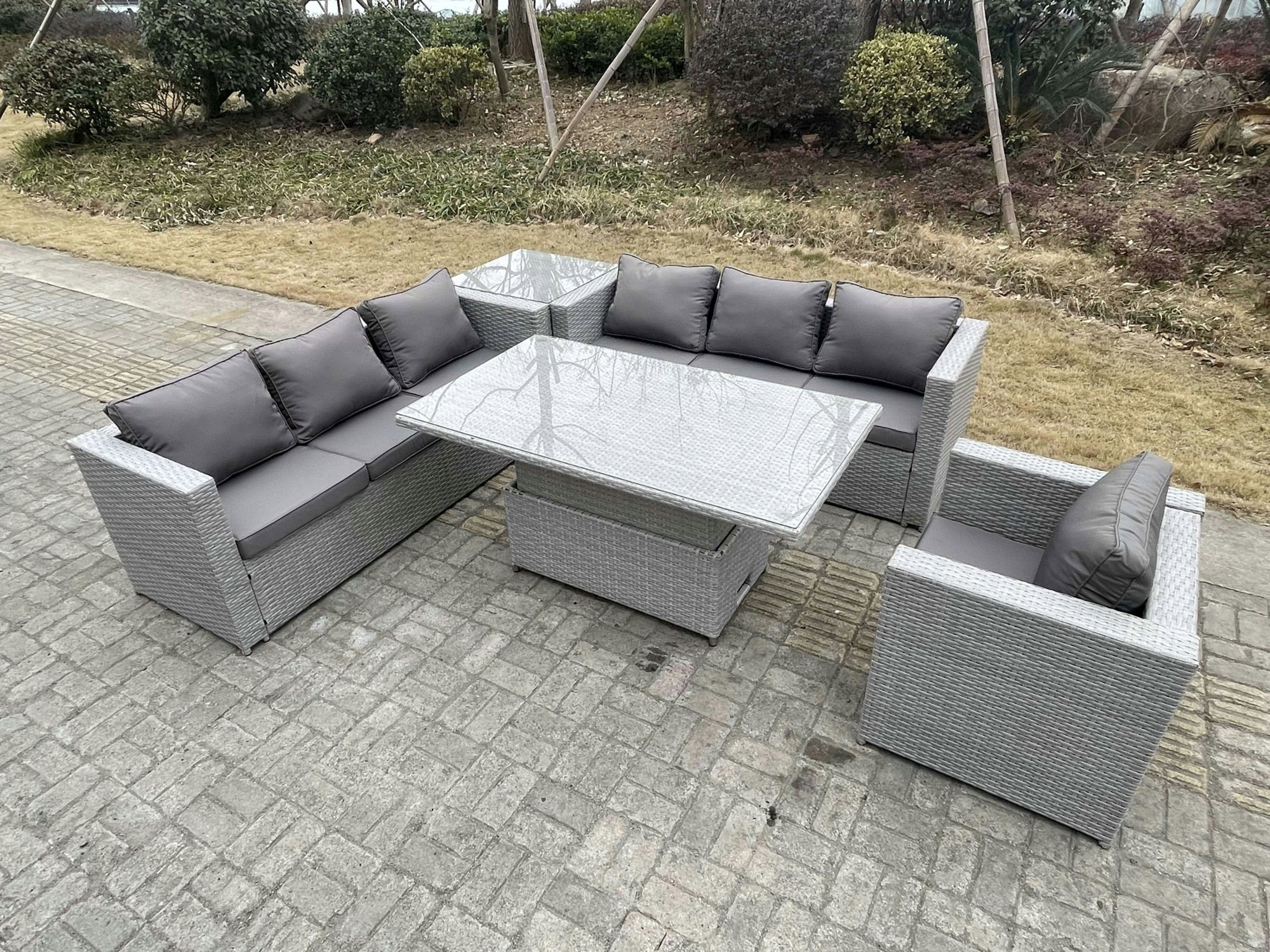 Rackhams Light/Grey/Dark Rattan Garden Funiture Set Adjustable Rising Lifting Table Sofa Dining Set With Arm Chair And Side Table