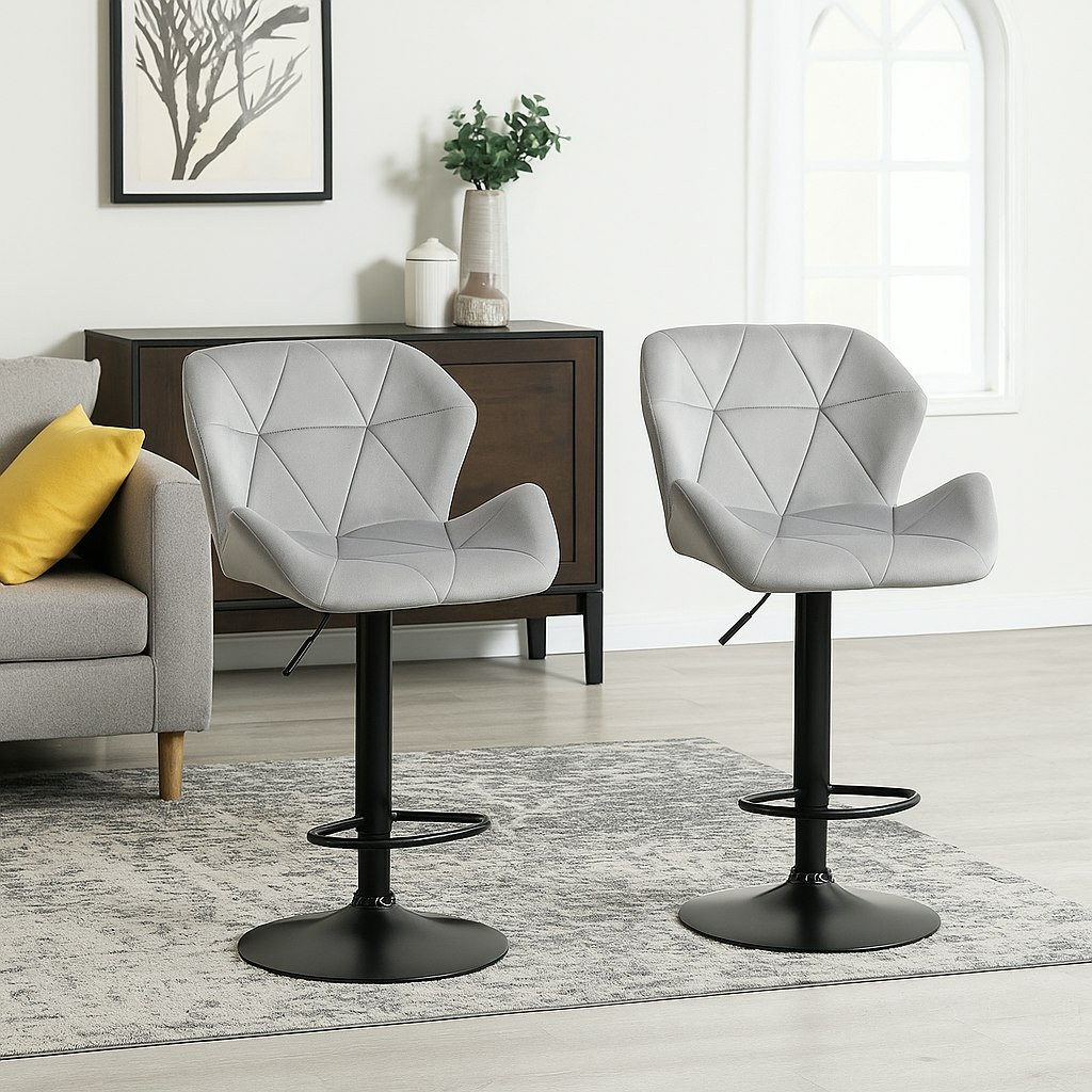 Rackhams Grey Set Of 2 Velvet Bar Stools Adjustable Swivel Breakfast Chairs With Footrest & Metal Base