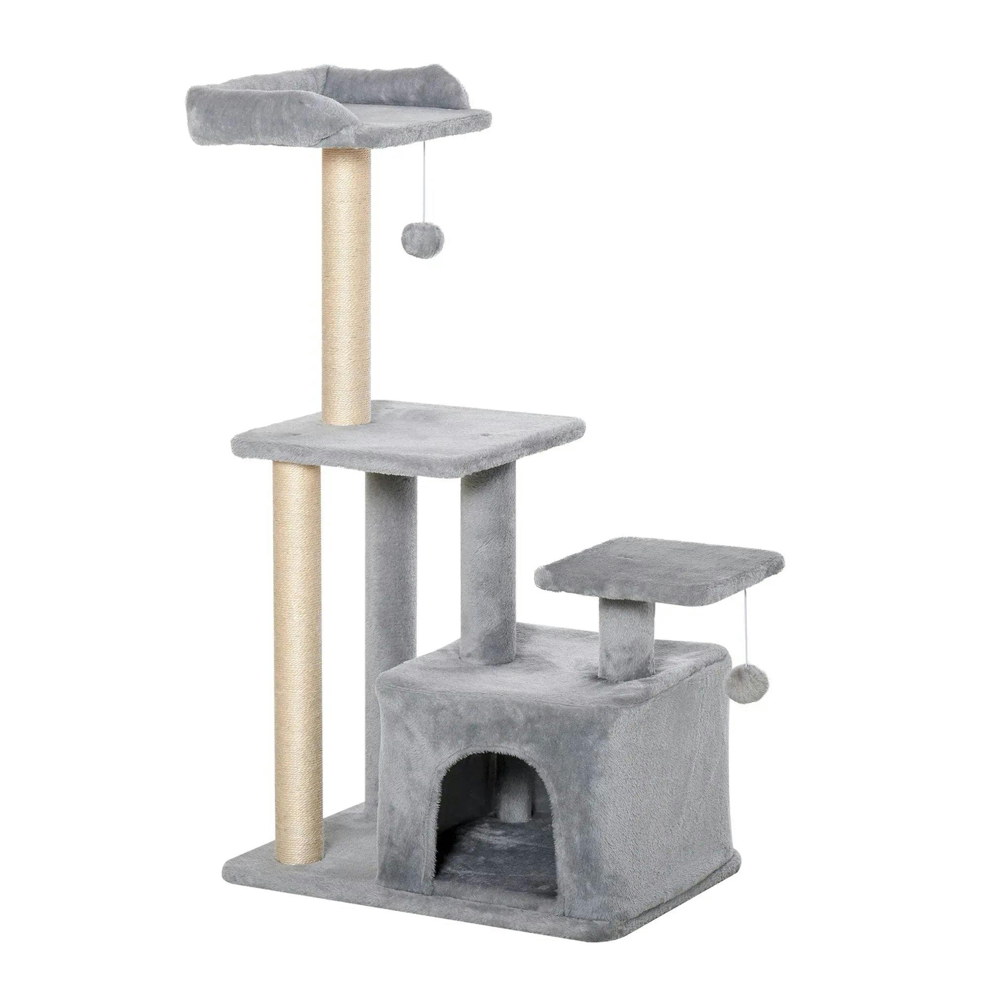 Pawhut Unisex Grey Cat Tree Tower With Scratching Posts Sisal Hanging Ball Condo In - Image 5