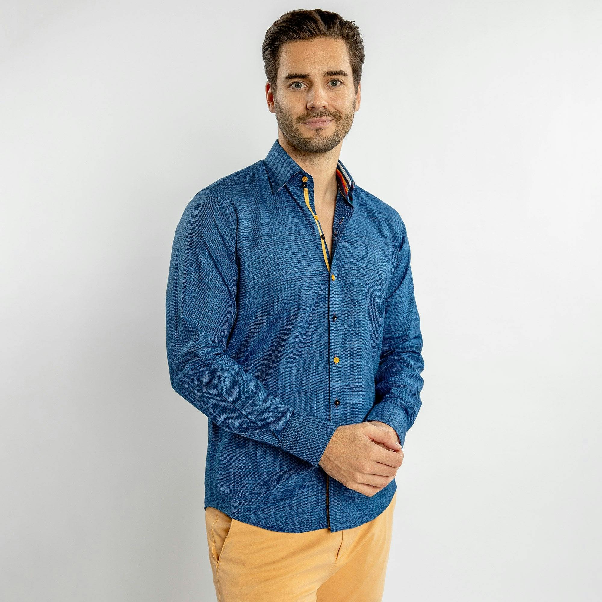 Claudio Lugli Classic Brush Cotton Shirt With Multicoloured Stripe Insert - Navy - Xl