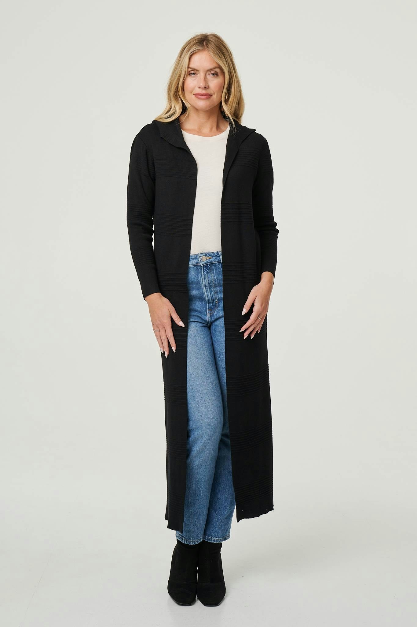 Izabel London Black Hooded Open Front Longline Coat - 14