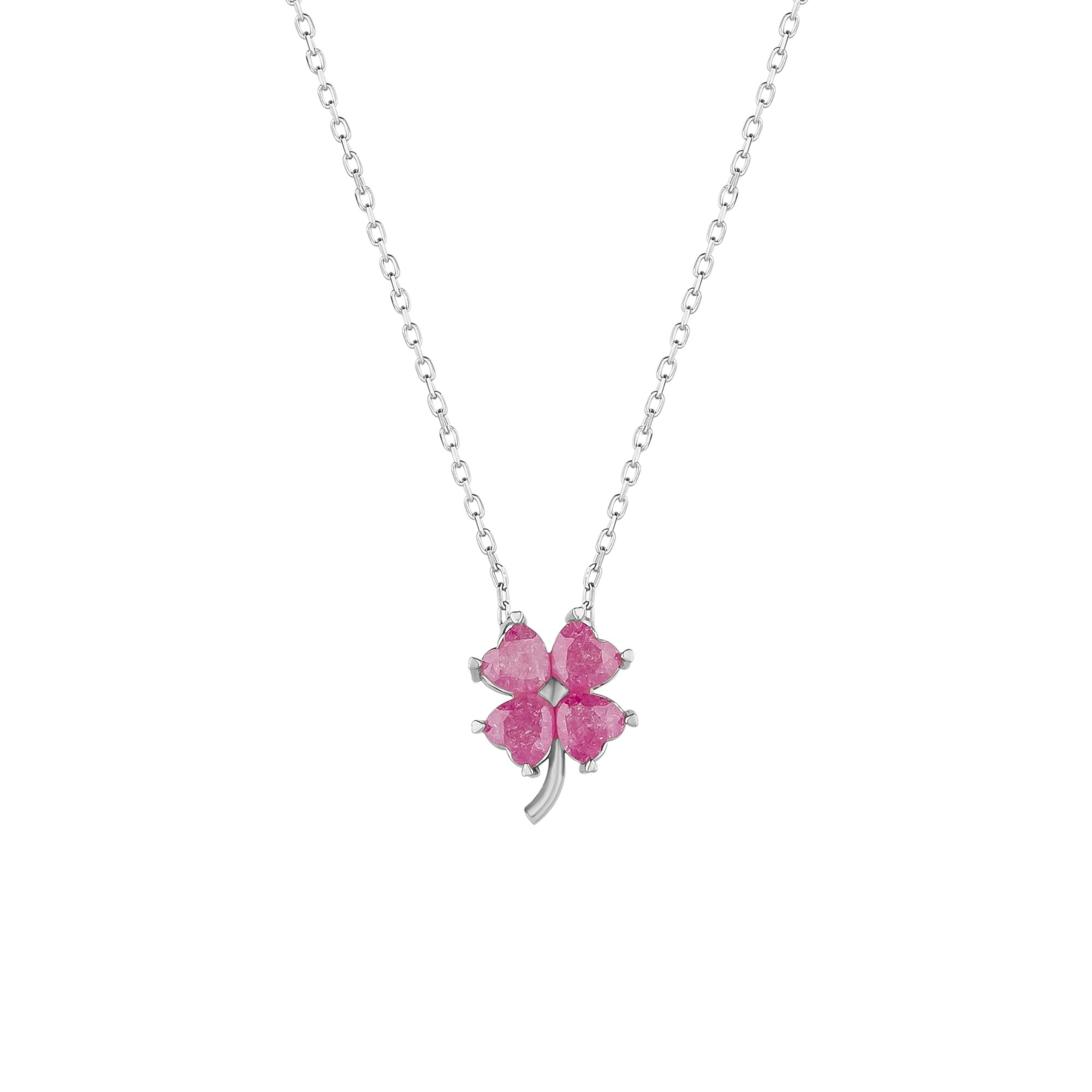 Spero London Silver/Pink Four Leaf Clover Sterling Necklace