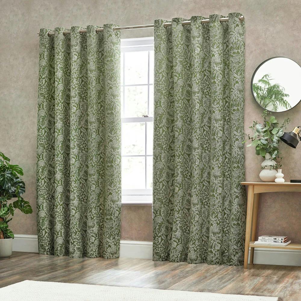 Wylder Bali Jacquard Botanical Eyelet Curtains - Olive - 229Cm X 137Cm - Olive - 100% Polyester