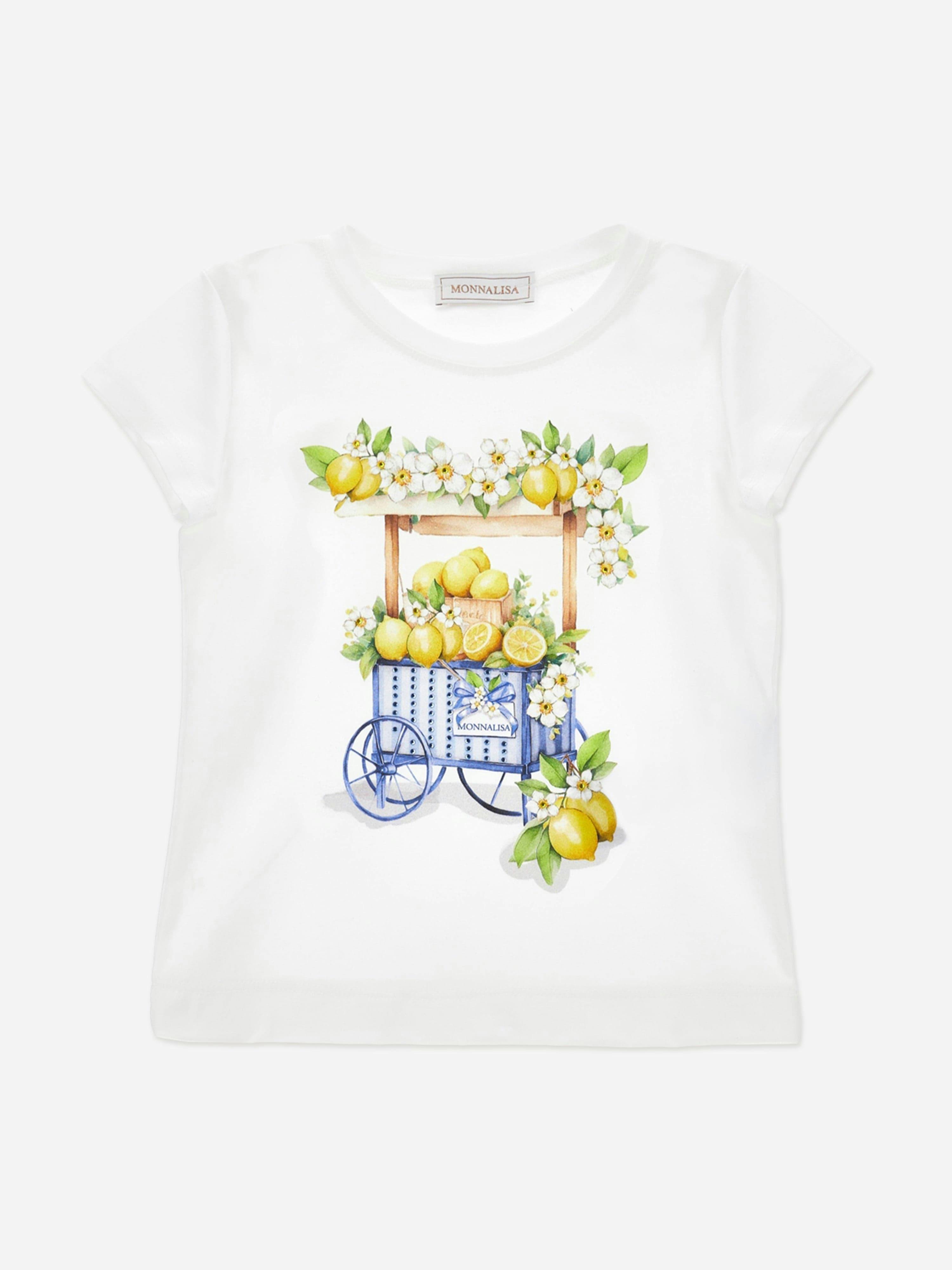 Monnalisa Girls White Lemon Cart T-Shirt In - 5 Yrs