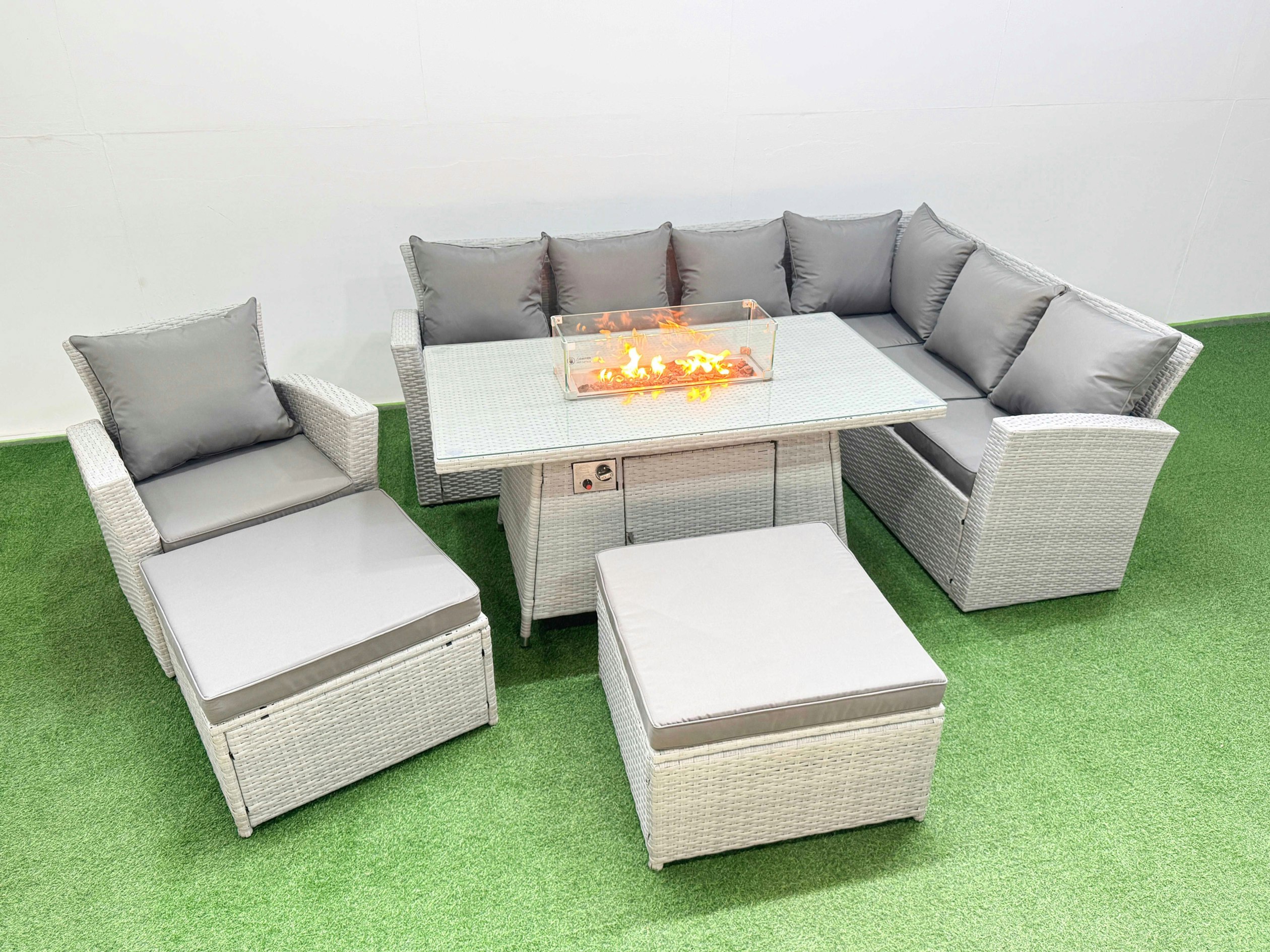 Rackhams Light/Grey Rattan Corner Sofa Chair Set Outdoor Furniture Garden Dining Set Gas Fire Pit Table With Temper Glass 2 Big Footstools Mixed