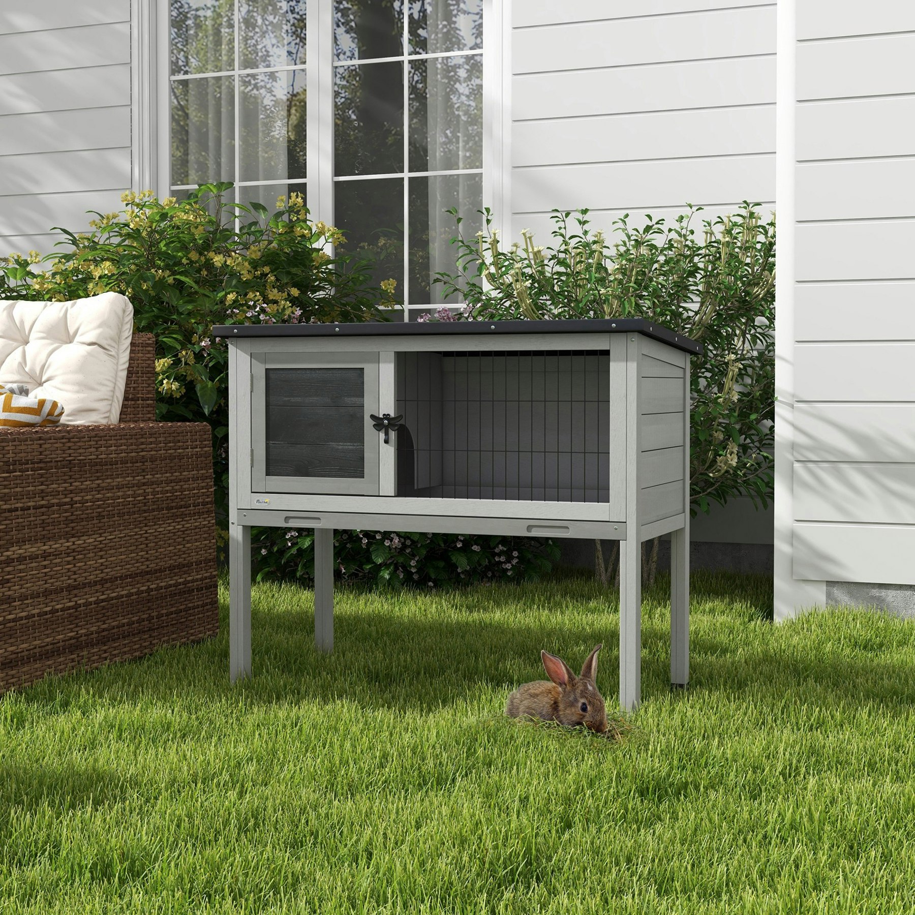 Pawhut Large Elevated Indoor Outdoor Wooden Guinea Pig Hutch W/ Asphalt Roof