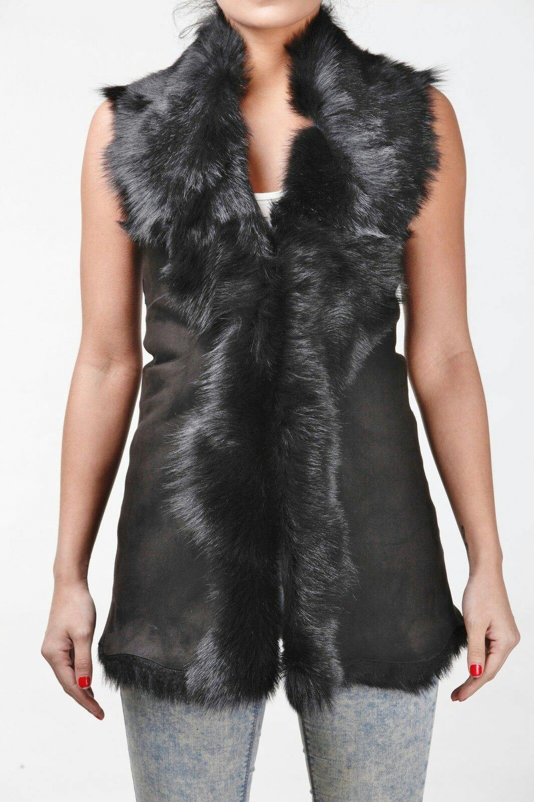 Infinity Leather Women's Black Toscana Sheepskin Long Gilet-Sorocaba - Uk S/10 | Eu 36 | Us 6