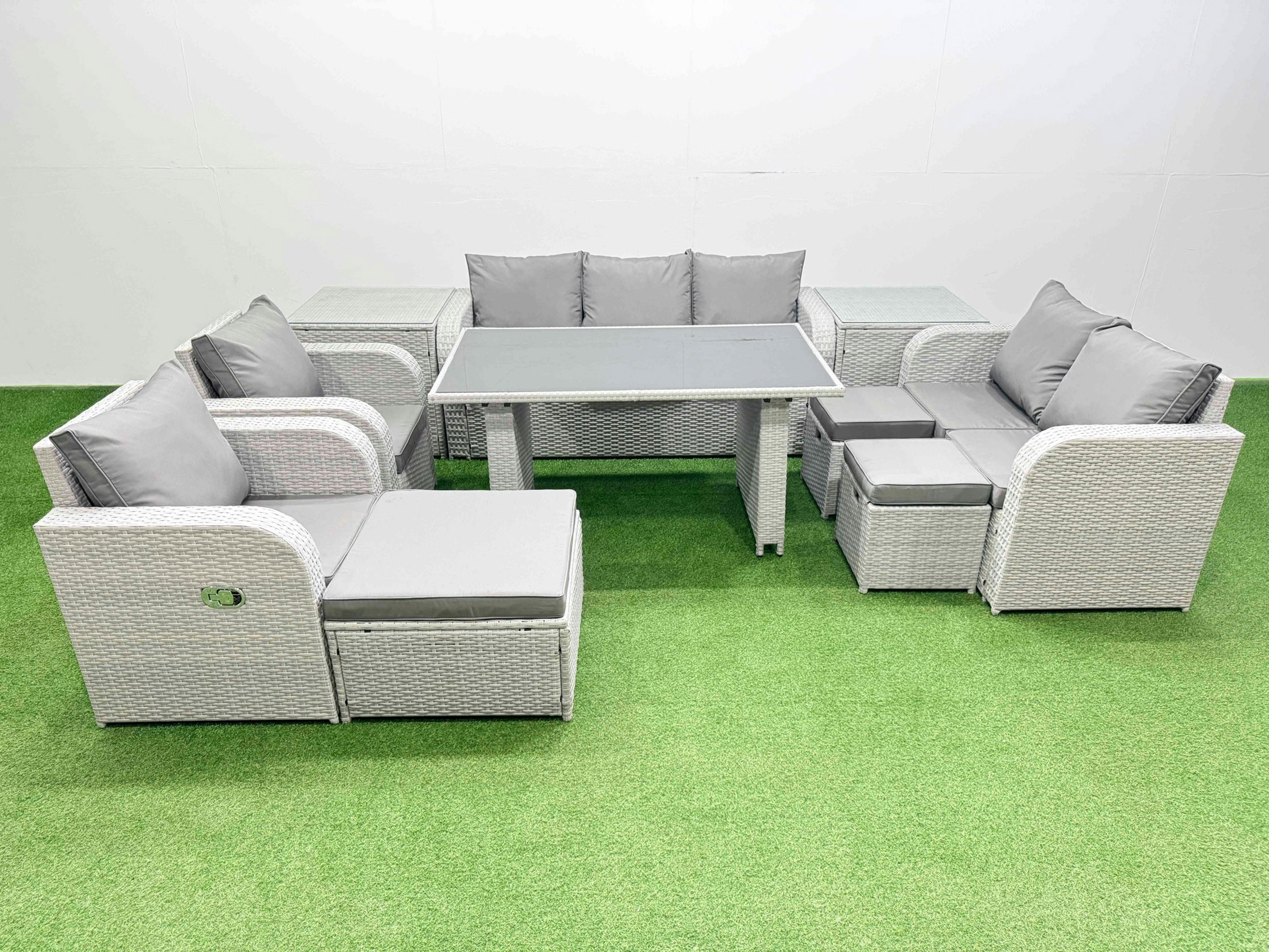 Fimous Light/Grey 10 Seater Garden Furniture Set Pe Rattan Garden Sofa Set With Rectangular Dining Table 3 Stool 2 Side Tables