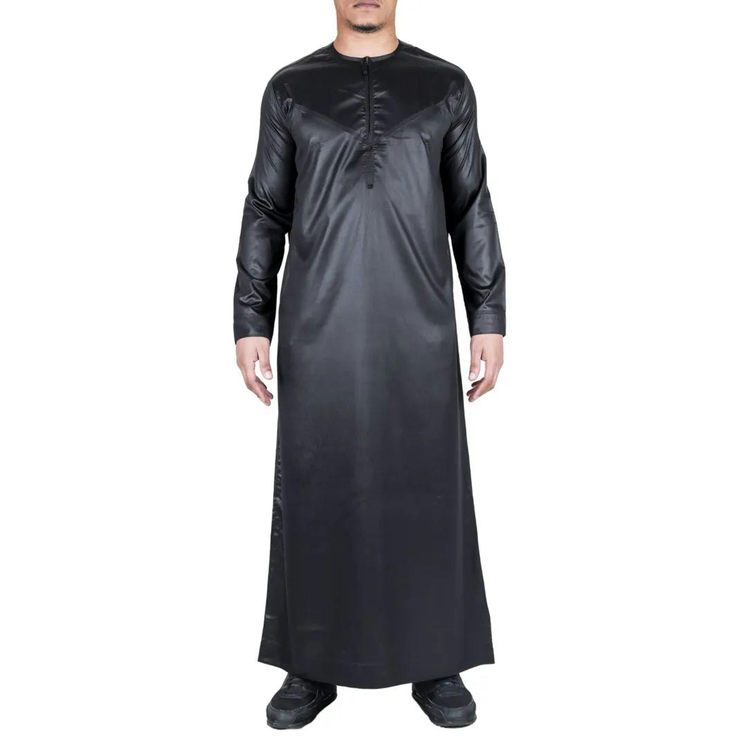 Thobez Men's Black Tt-002 - Satin Emirati Thobe Islamic Clothing - 58 - Slim