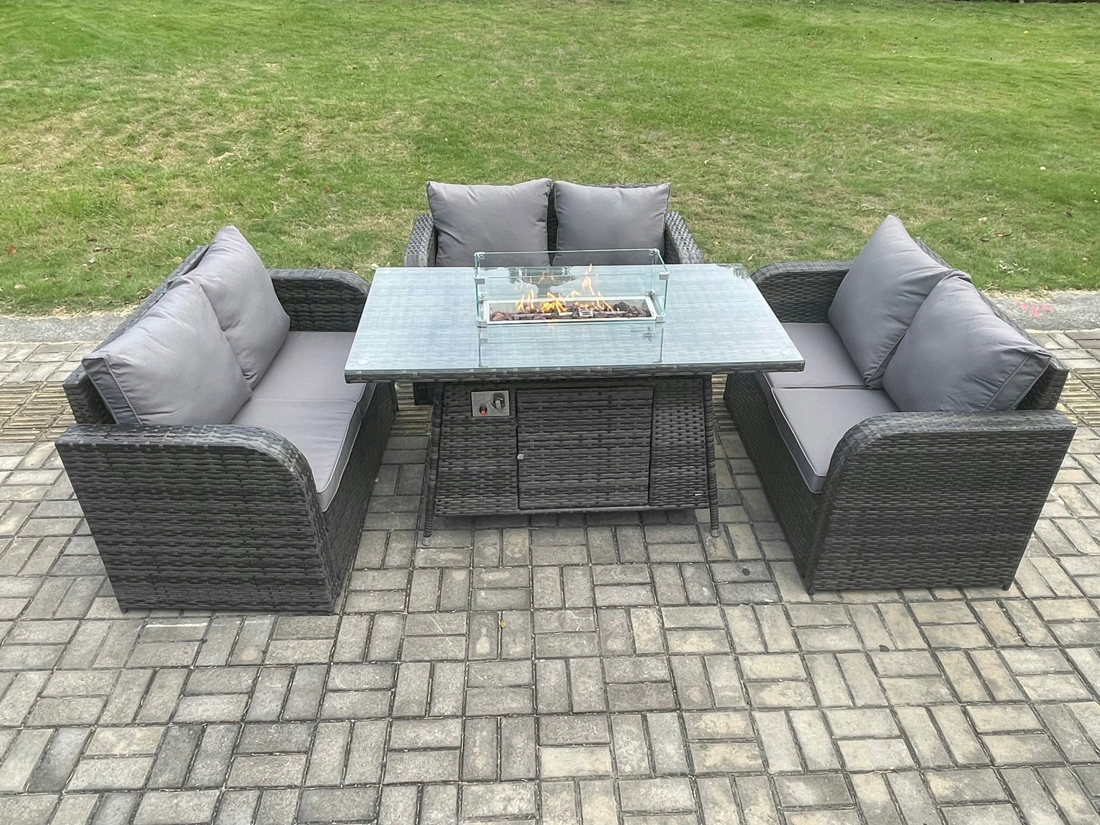 Rackhams Dark/Grey Rattan Outdoor Garden Furniture Sofa Set Gas Fire Pit Dining Table Gas Heater With Love Sofa Mixed