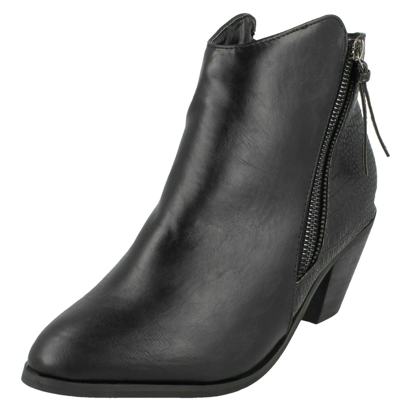 Spot On Women's Black Cowboy Style Ankle Boots With Zip Detail - Snake - Uk 3