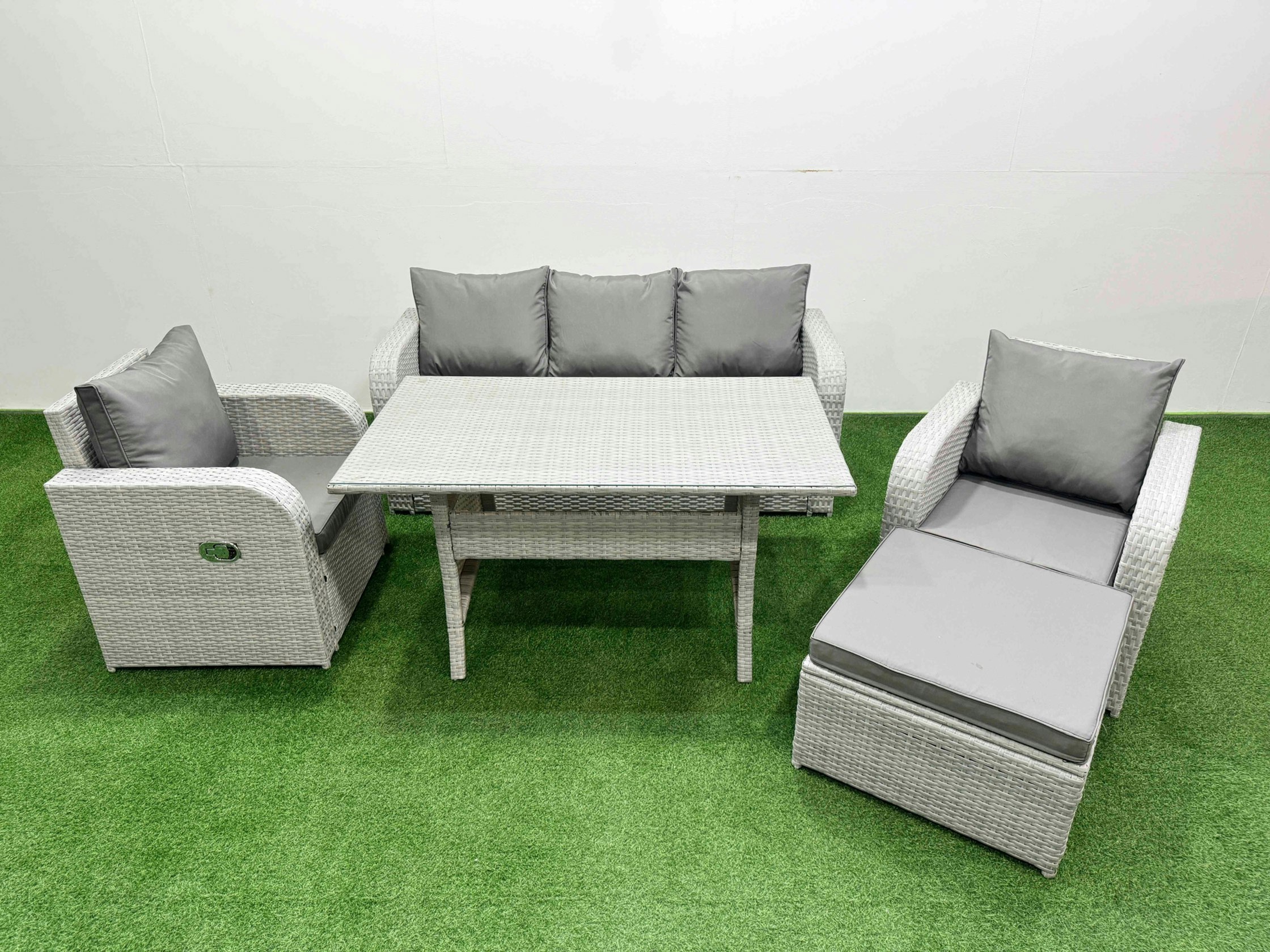 Rackhams Light/Grey Pe Rattan Garden Furniture Set Reclining Chair Sofa Lounge Sofa Set Rectangular Dining Table Big Footstool