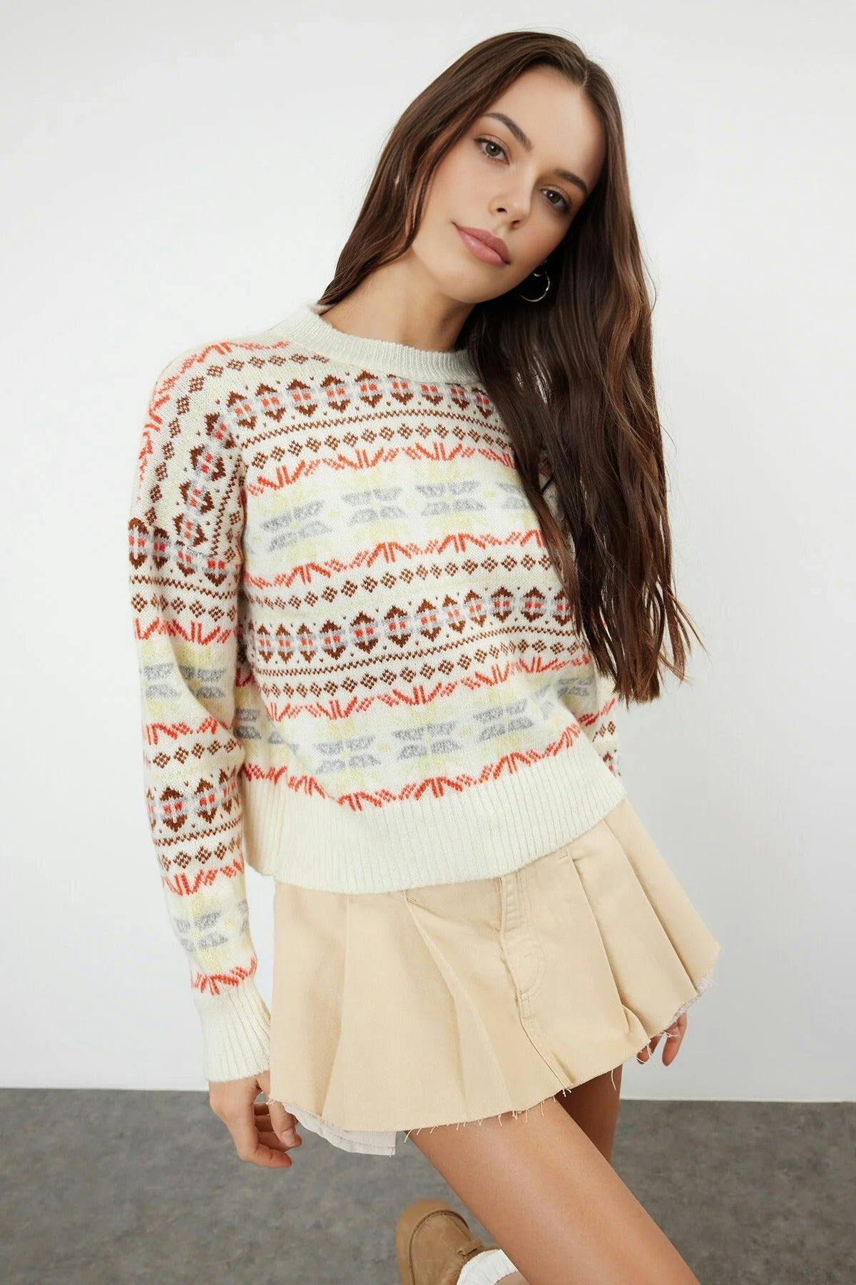 Wovcor Soft-Textured Patterned Oversize Knit Sweater - Stone - S
