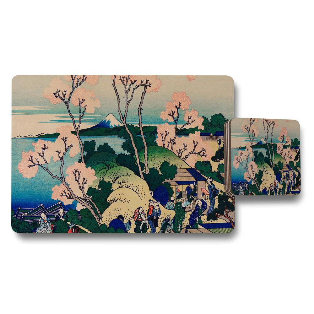 Benjamin Tate Design Green/Pink Japanese Ukiyoe Landscape Placemat And Coaster Set Mount Fuji