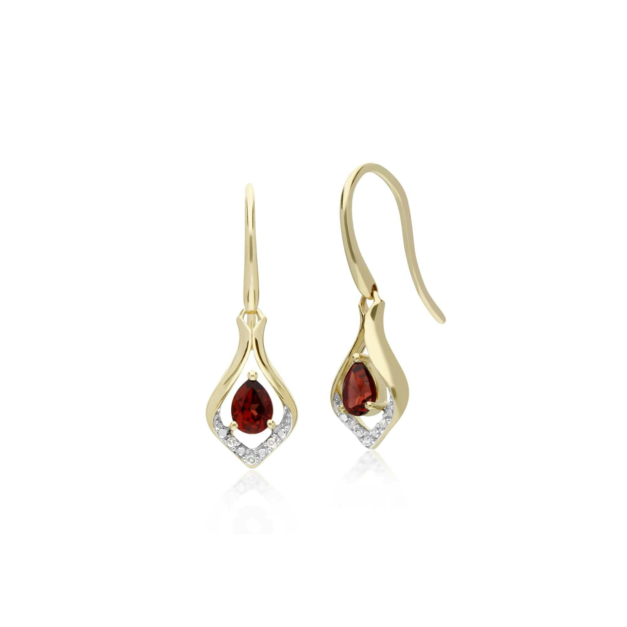 Gemondo Yellow/Gold Classic Pear Garnet & Diamond Leaf Halo Drop Earrings In 9Ct