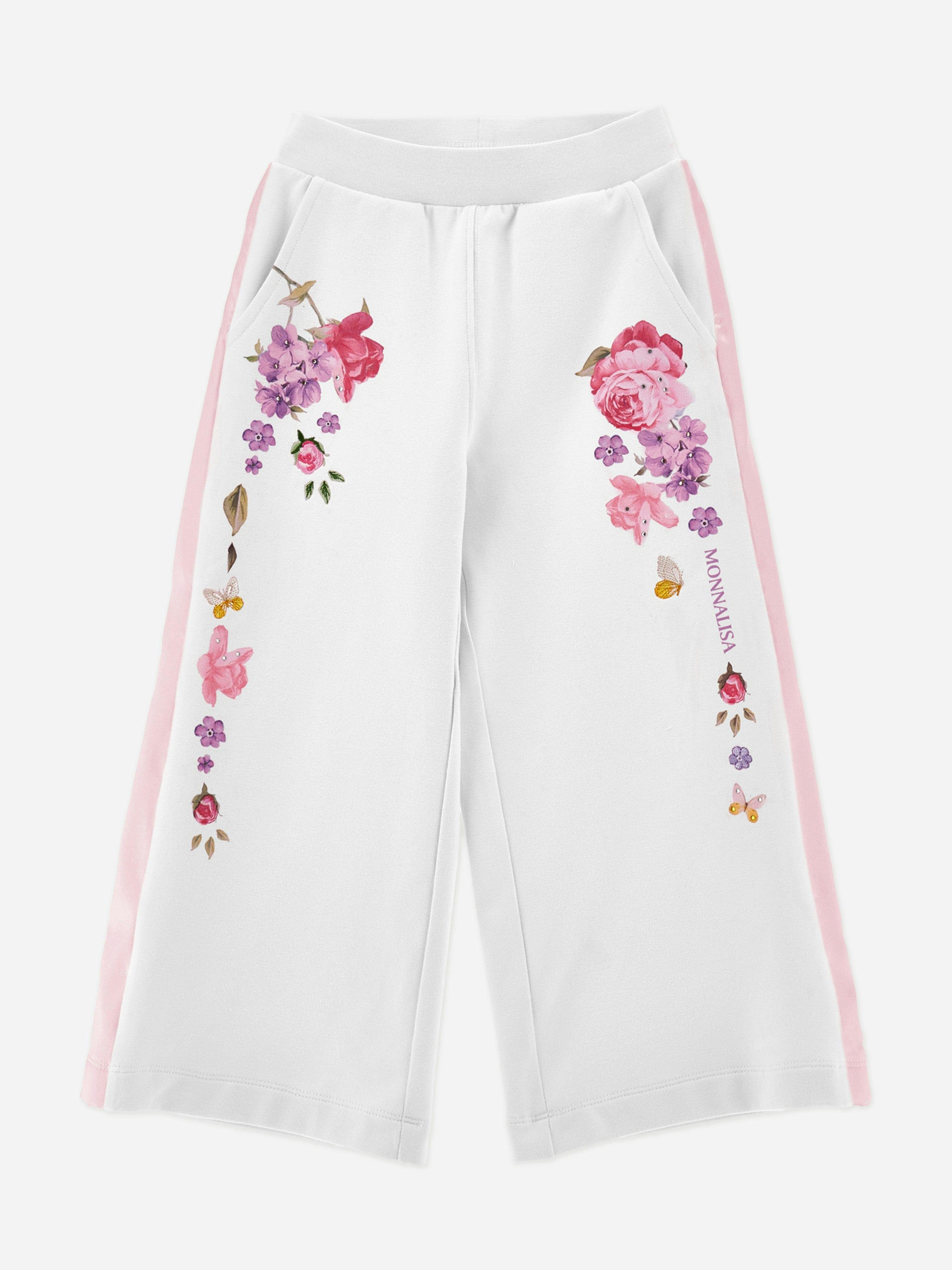 Monnalisa Girls White Floral Wide Leg Joggers In - 5 Yrs