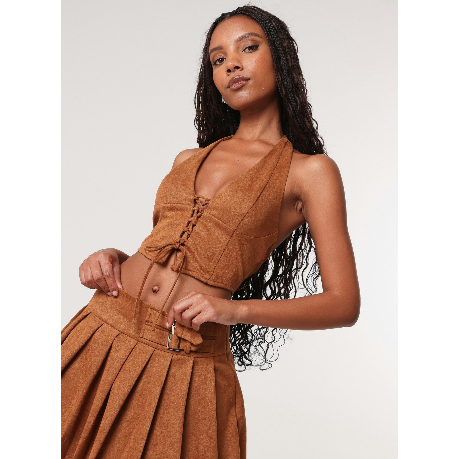 Pink Vanilla Pink/Brown Vanilla Suedette Lace Halterneck Top - L