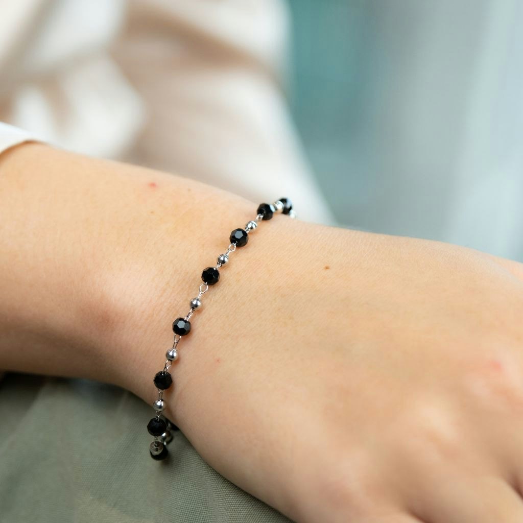 The Colourful Aura Women's Silver Black Crystal Beads Indian Mangalsutra Beaded Nazaria Bracelet In | : 6" - Image 2