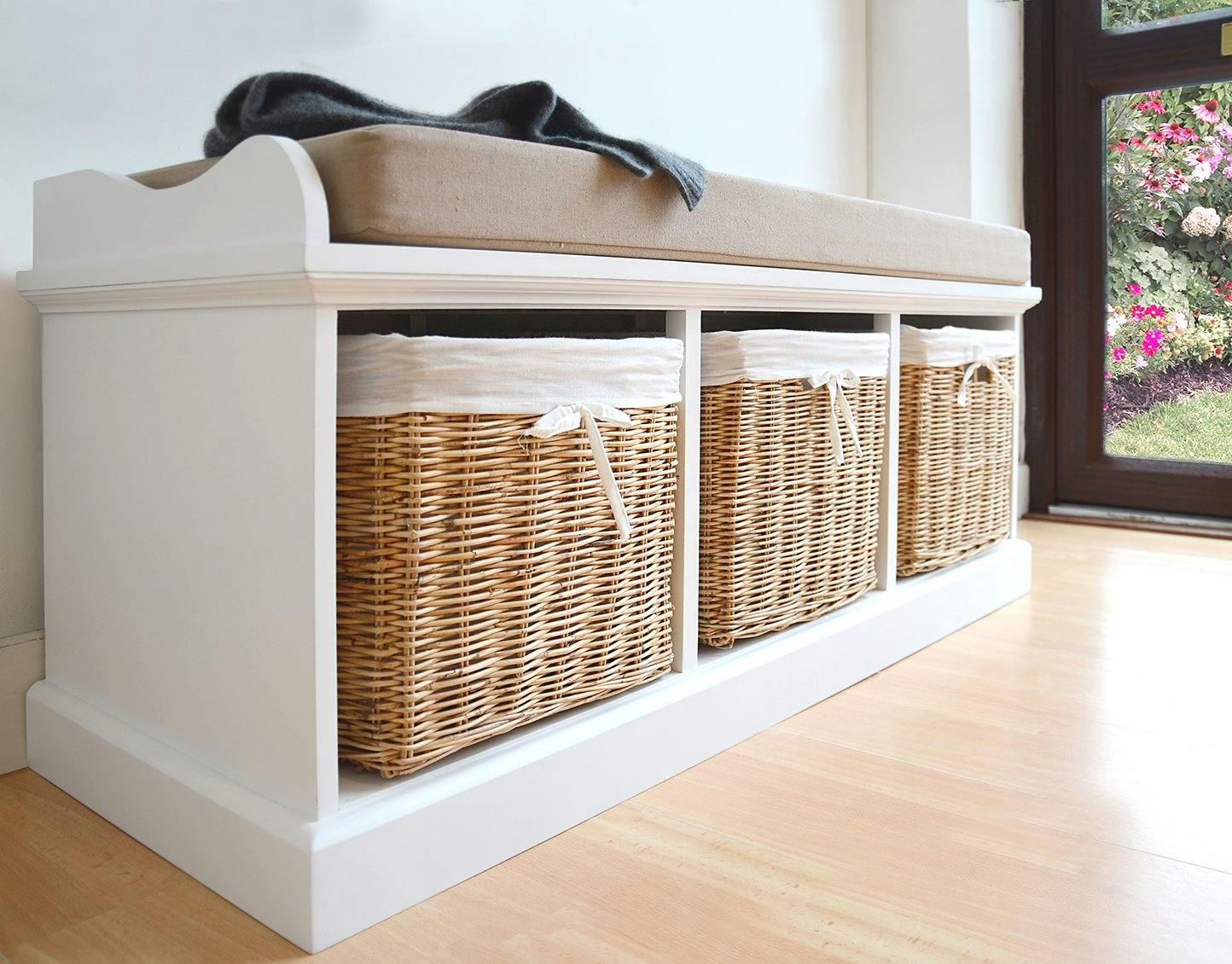 Statement Furniture White/Brown Tetbury Storage Bench With Natural Wicker Baskets And Cushion - 3 Basket Bench