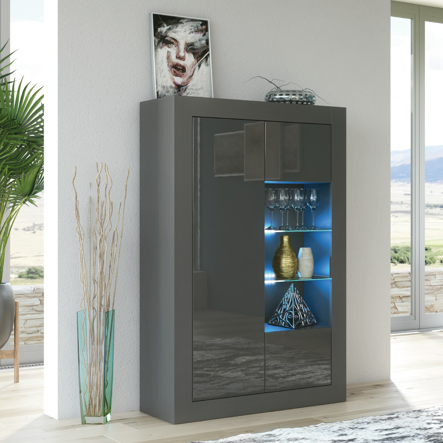 Mex Furniture Grey/Dark Elegant 140Cm Cabinet Sideboard With High Gloss Doors And Free Led Display - 140 Cm - Matt Body & Gloss Doors - 1
