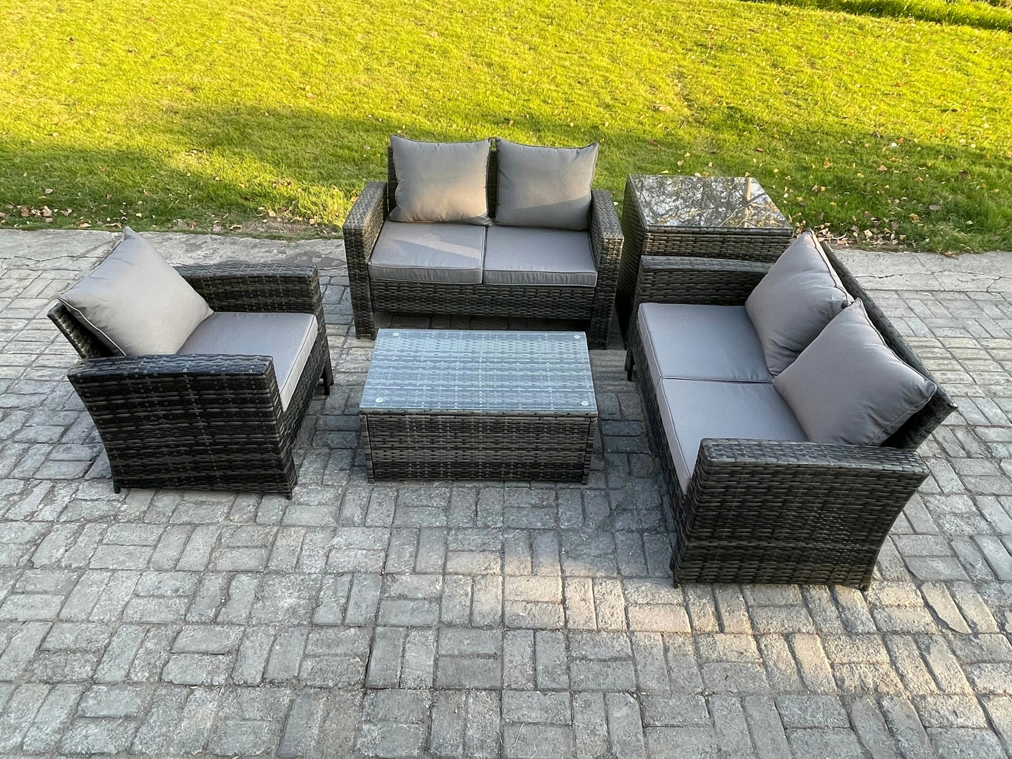 Fimous Dark/Grey 5-Seater Rattan Outdoor Sofa Set | Rectangular Coffee Table, Double Sofa, Chair, Side Table |