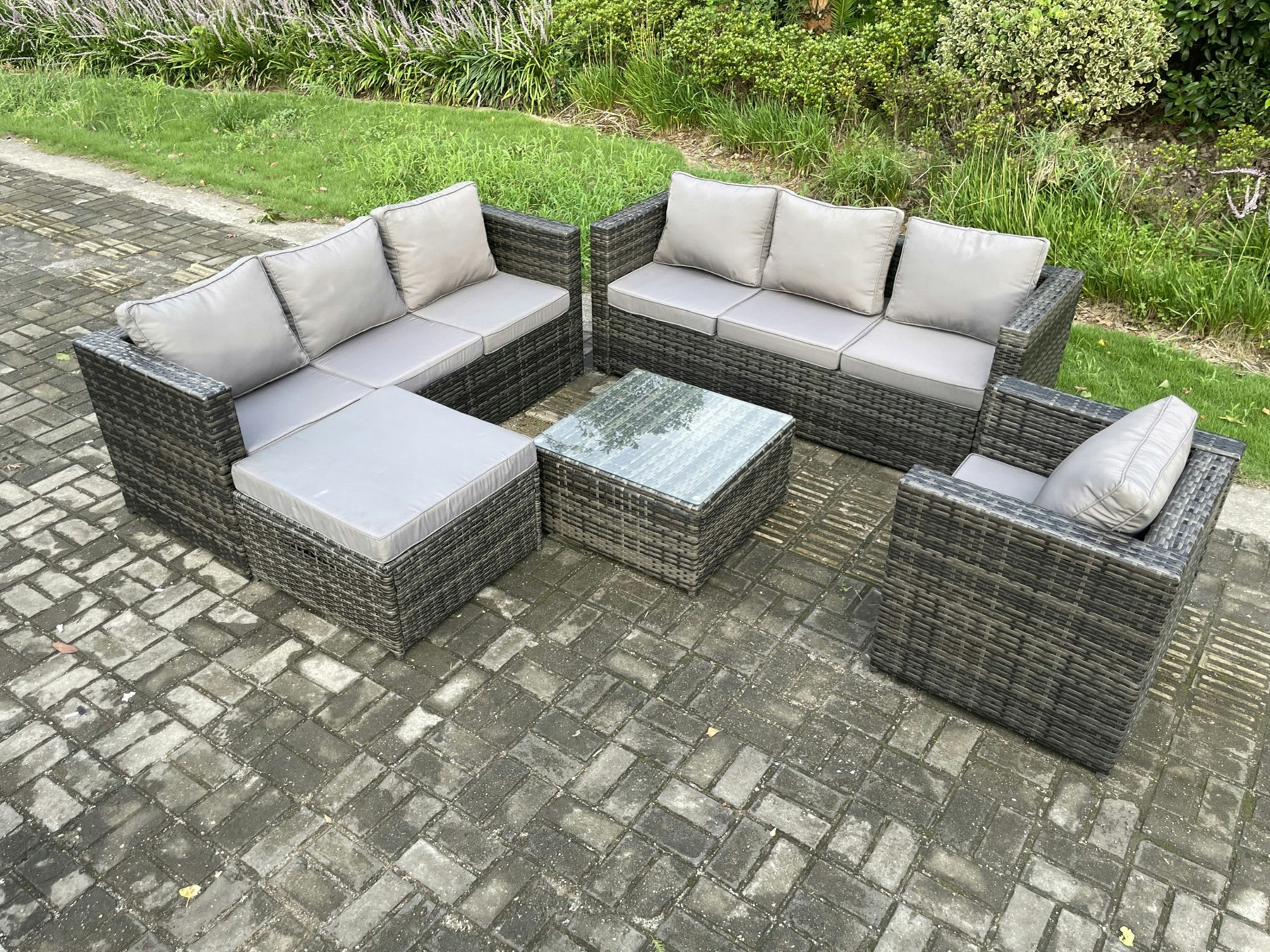 Fimous Dark/Grey Rattan Garden Furniture Sofa Set With Armchair Square Coffee Table Big Footstool Indoor Outdoor 8 Seater Rattan Set Mixed