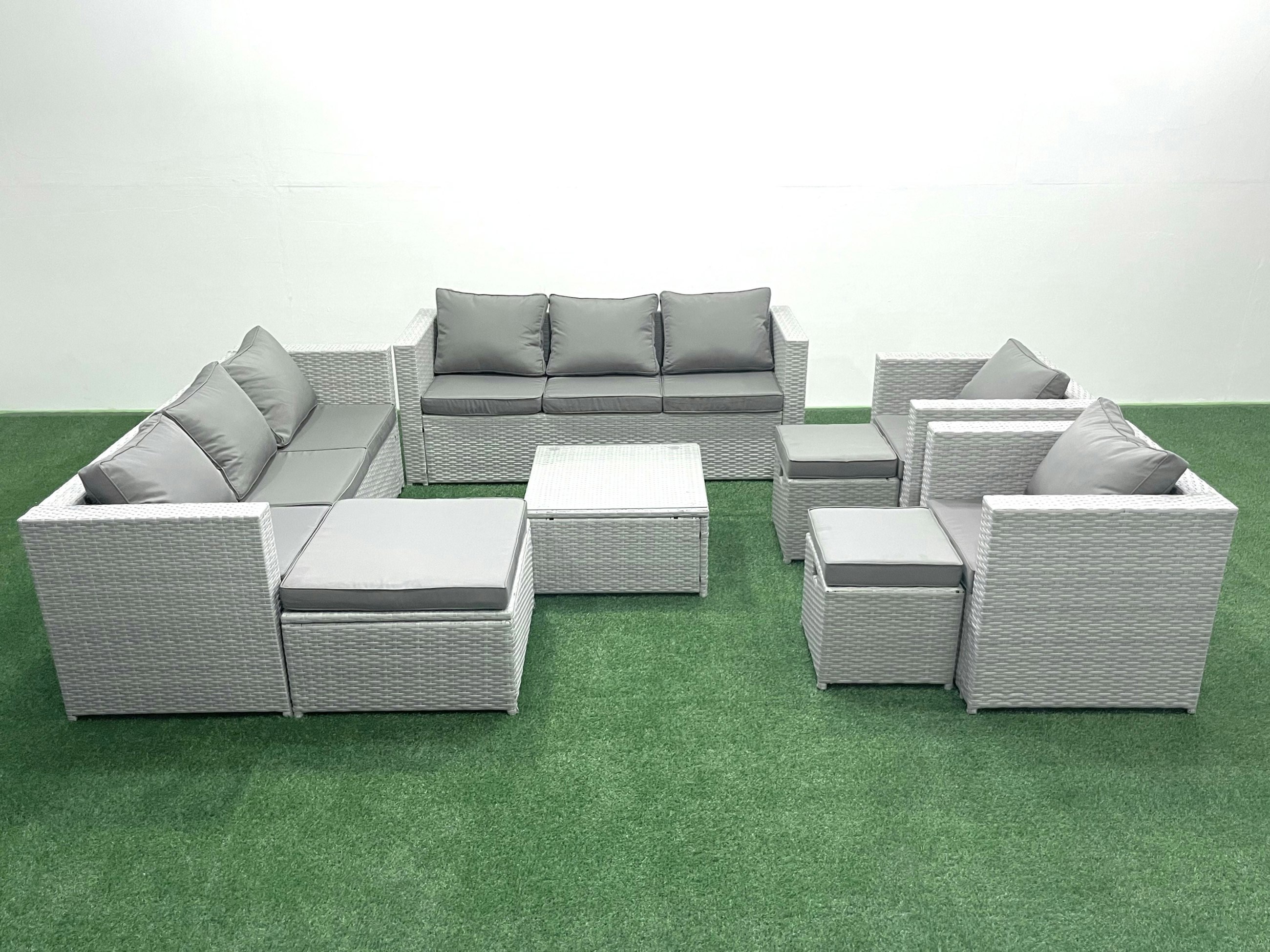 Fimous Light/Grey Outdoor Rattan Sofa Garden Furniture Set With 2 Armchairs Square Coffee Table 3 Footstools Mixed