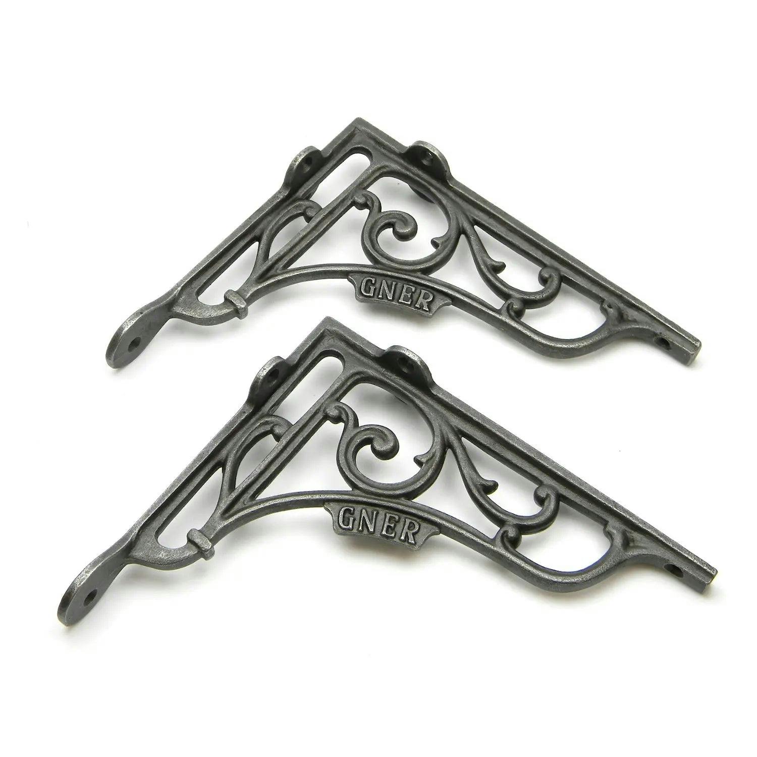 Oakcrafts Pair Of Antique Cast Iron 'Gner' Railway Victorian Style Shelf Brackets - 195Mm X 180Mm