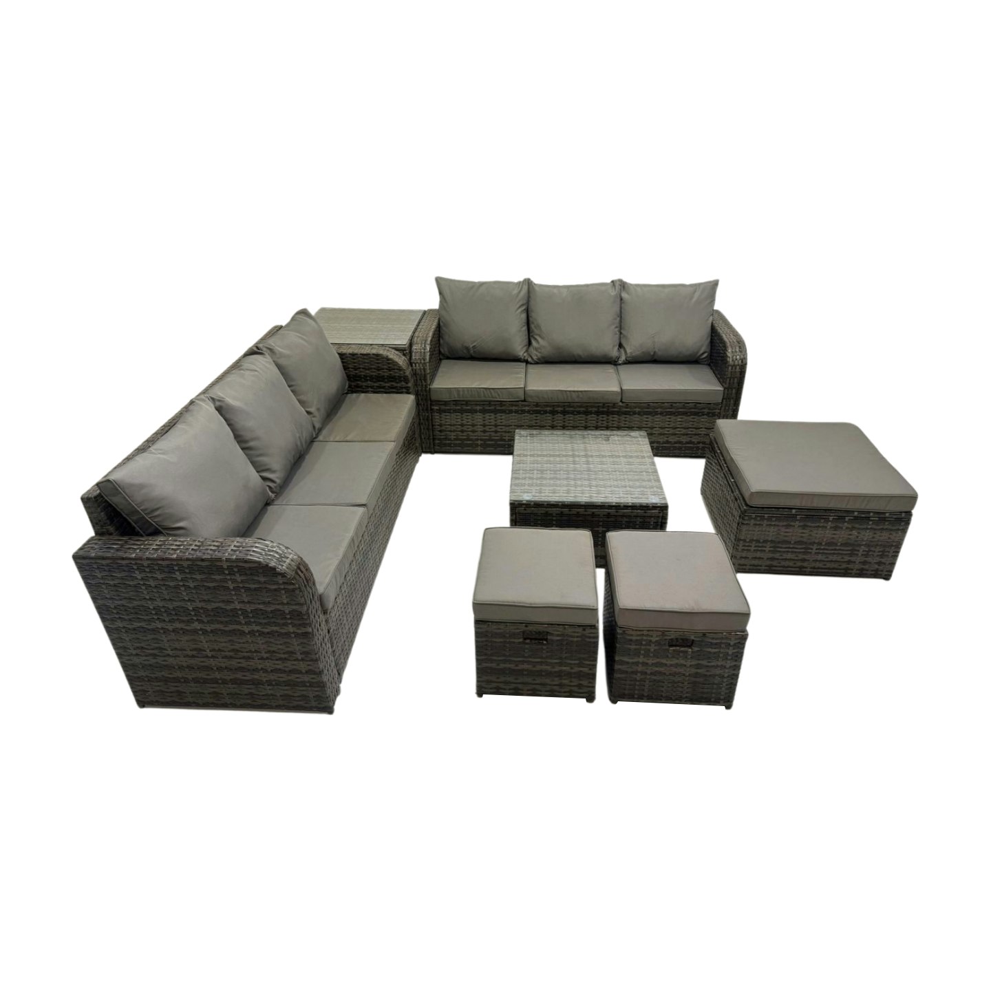 Fimous Dark/Grey Rattan Garden Outdoor Furniture Set 3 Seater Sofa Square Coffee Table Set With Side Table 3 Stools Mixed