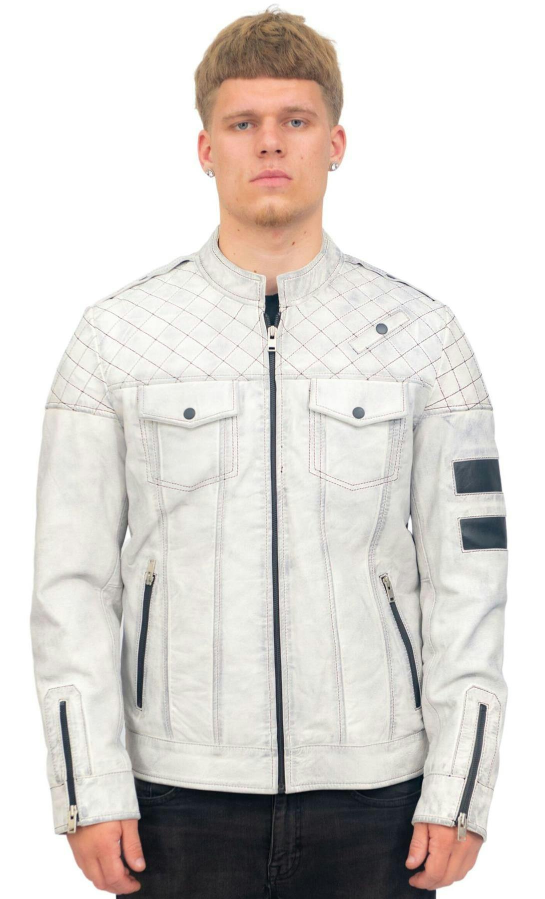 Infinity Leather Men's White Vintage Quilted Leather Racing Jacket-Cardiff - Uk 4XL | Eu 58 | Us 48