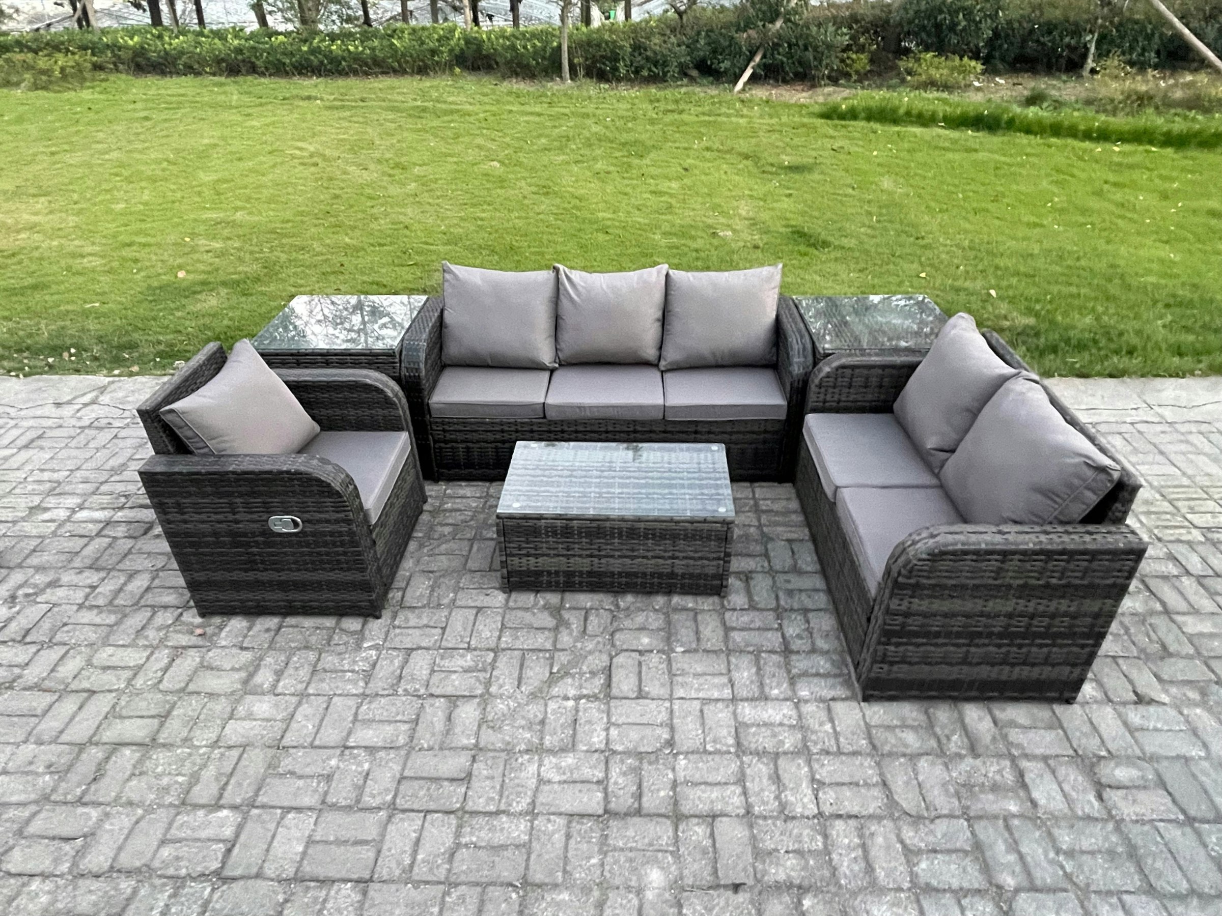 Fimous Dark/Grey 6-Seater Outdoor Wicker Rattan Sofa Set | Rectangular Coffee Table, Reclining Chair, 3-Seater Sofa, 2 Side Tables