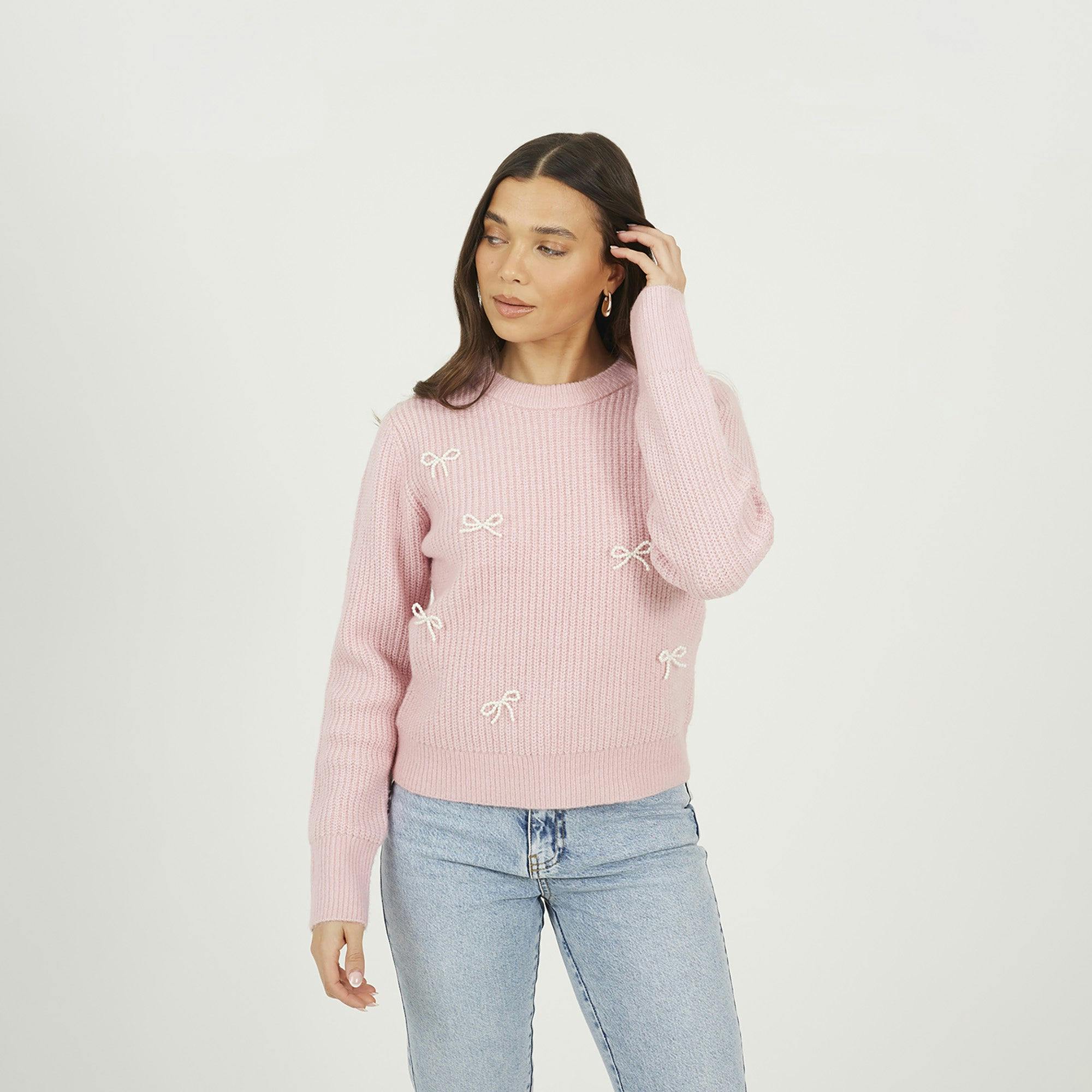Brave Soul Pink Crew Neck Jumper With Jewel Bow Detail - S