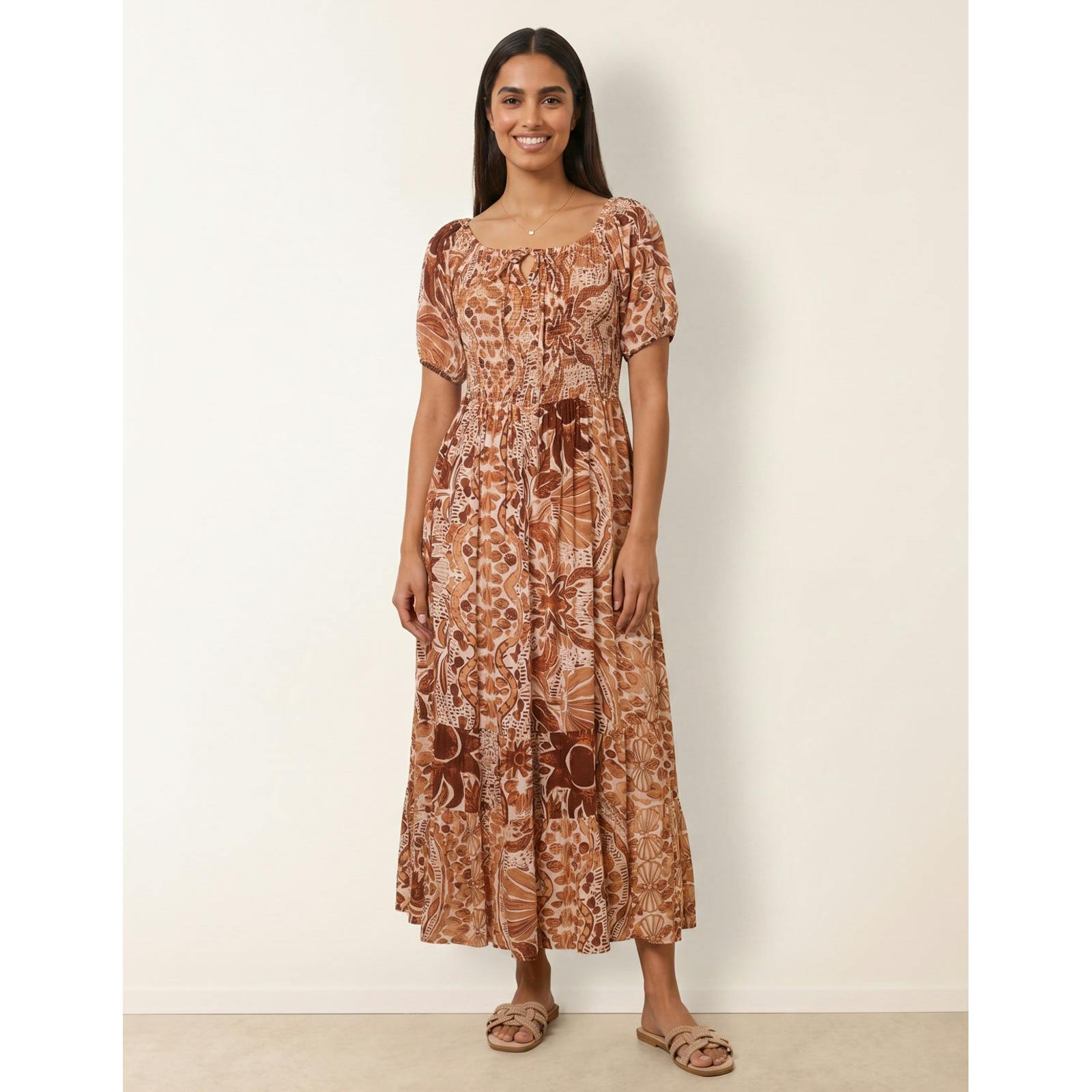 Blue Vanilla Blue/Brown Vanilla Tie Front Shirred Midi Dress - L
