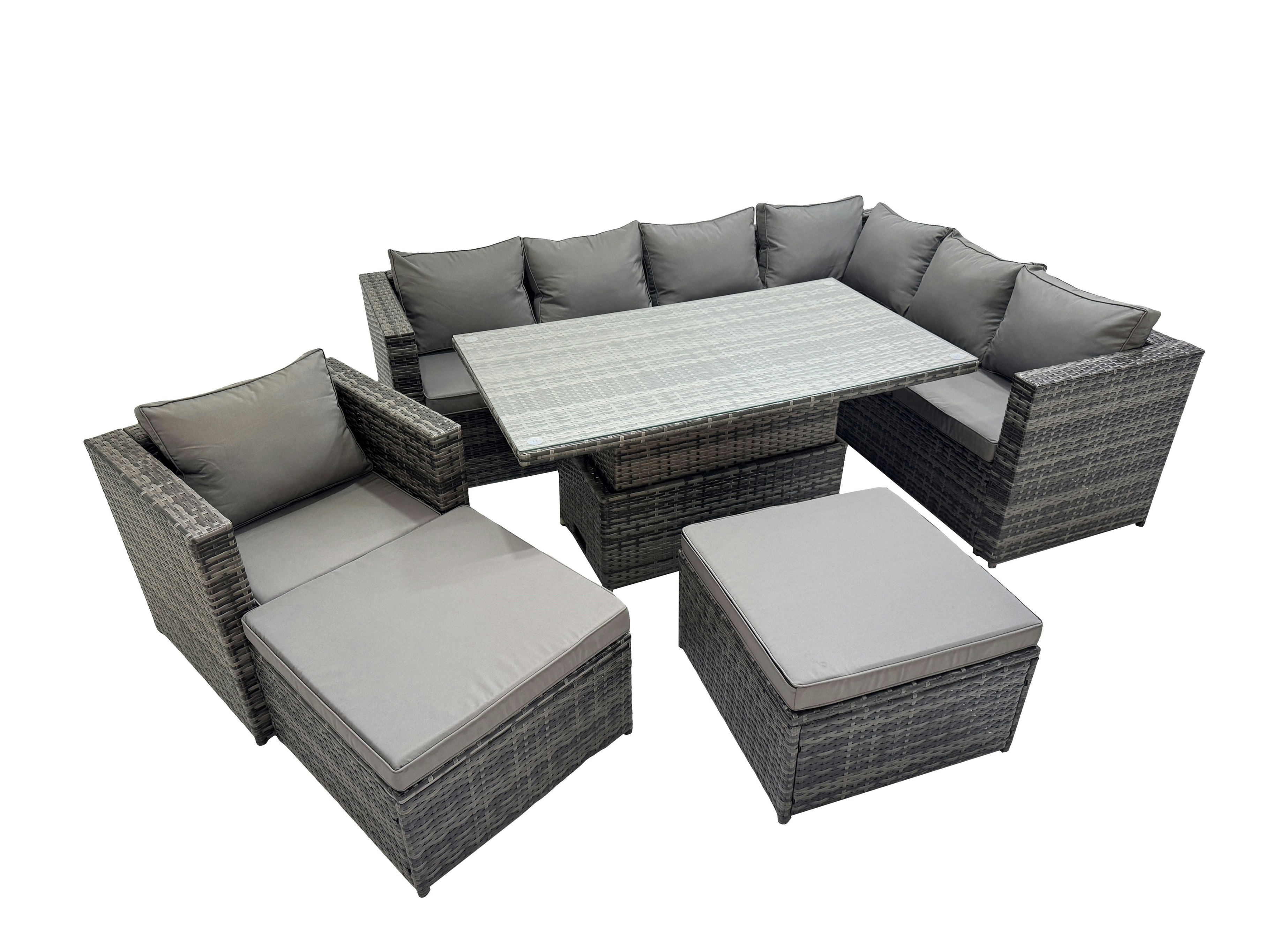 Fimous Dark/Grey 9 Seater Rattan Height Adjustable Rising Lifting Table Corner Sofa Sets With Chair 2 Big Stools Mixed