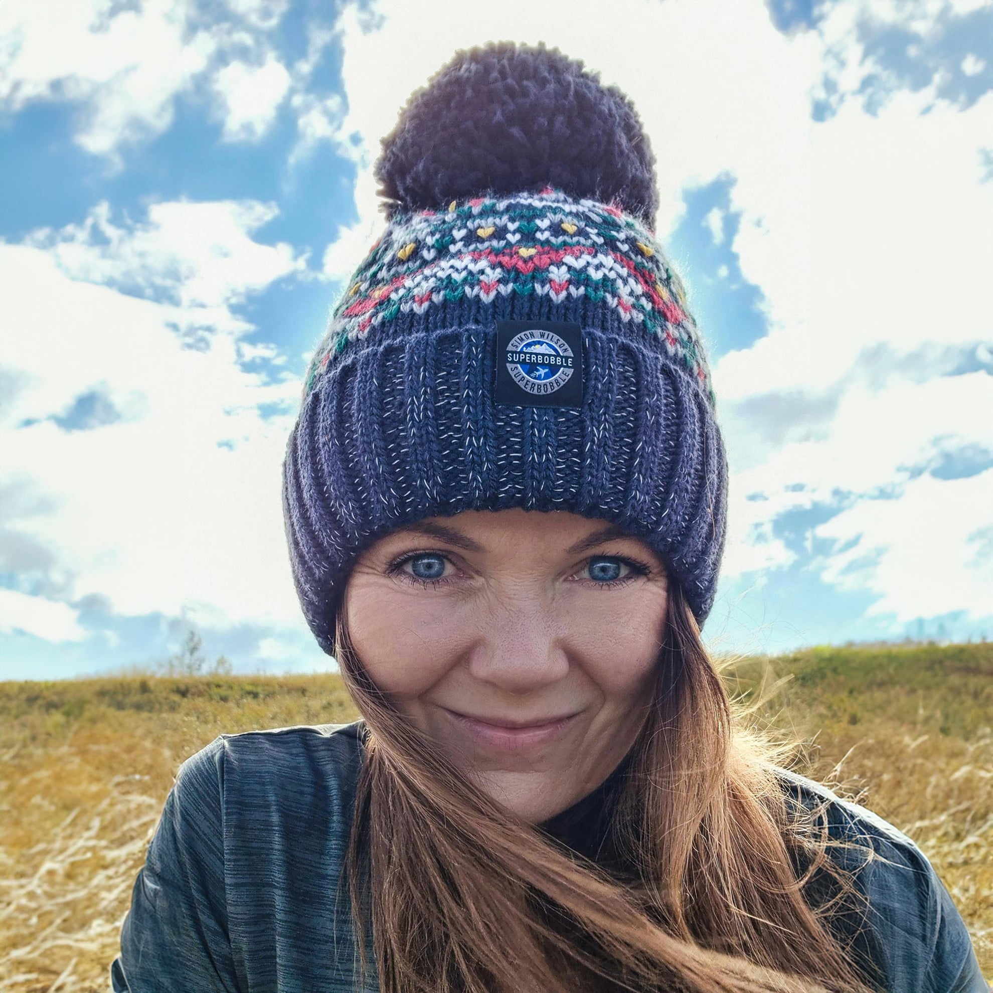 Superbobble Unisex Blue Simon Wilson Fairisle Knit Beanie Bobble Hat - Navy - Image 4