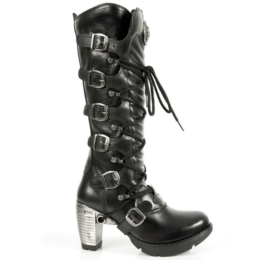 New Rock Women's Black Tr004-S1 100% Leather Buckle Lace Knee High Biker Boots - Eu 41