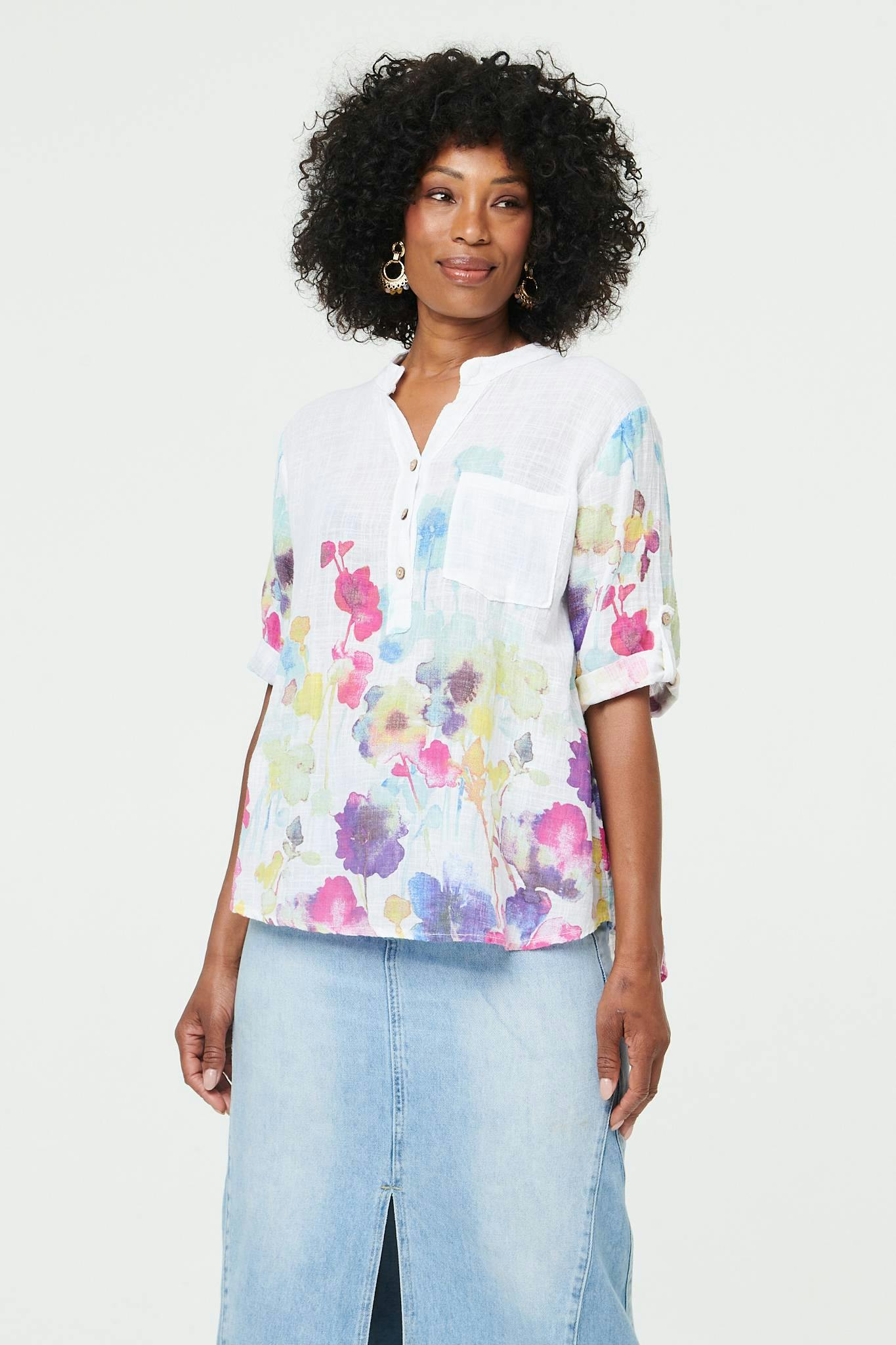 Izabel London White Floral Turn-Up Sleeve Curve Hem Blouse - 14