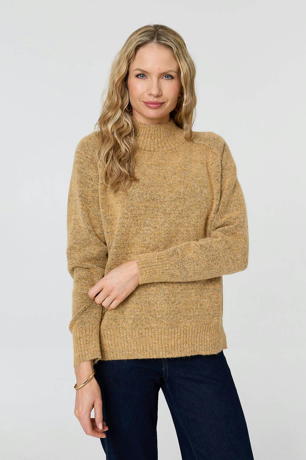 Izabel London Textured High Neck Long Sleeve Jumper - Mustard - 12