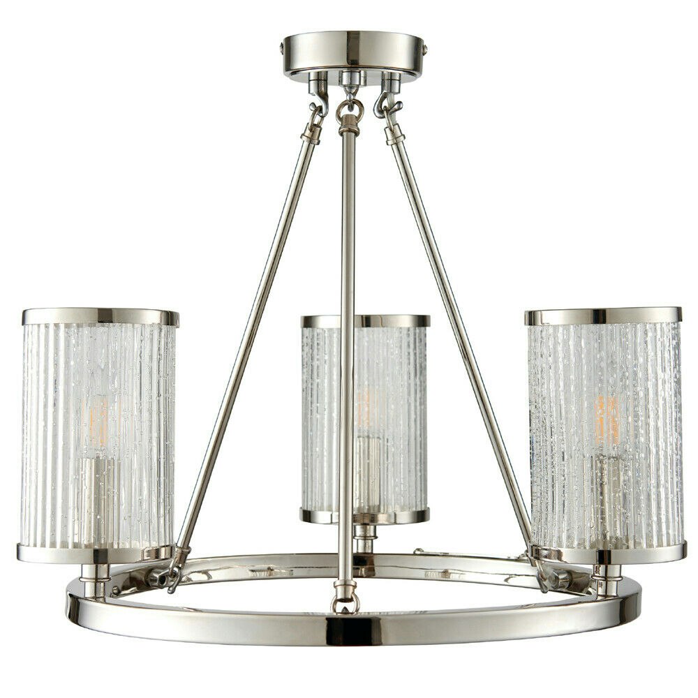 Loops Light Chandelier Pendant Nickel Ribbed Glass Shade Hanging Ceiling Lamp Holder Size 3