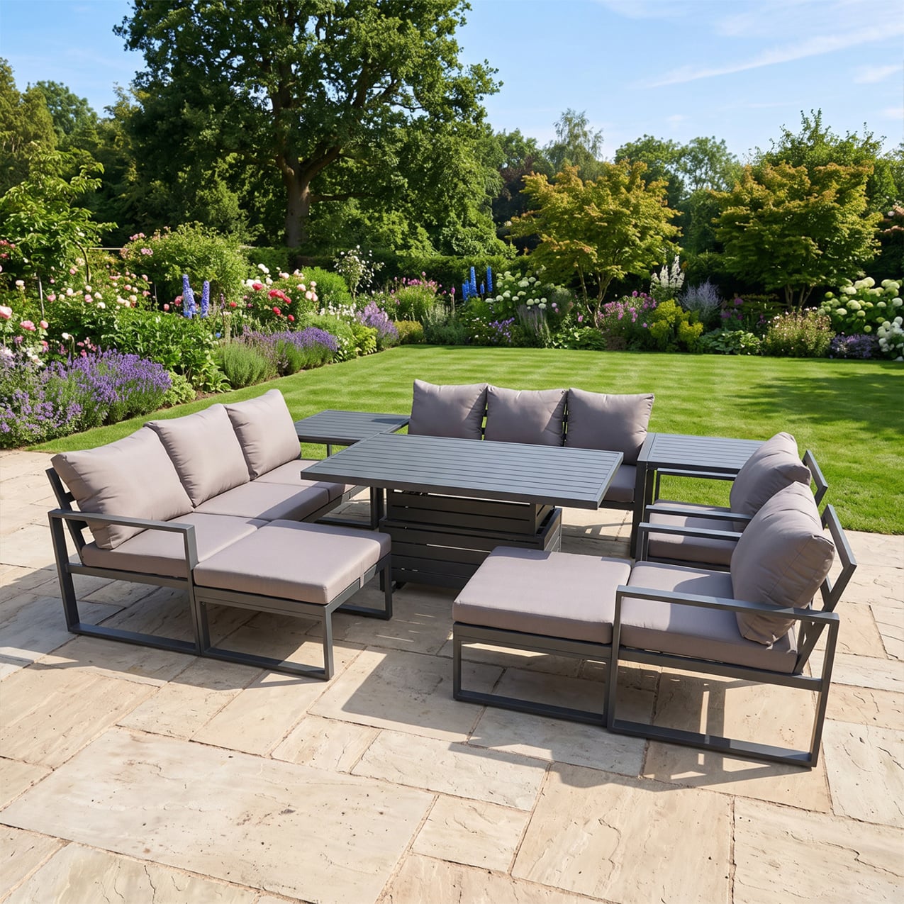 Fimous Grey 10 Seater Aluminium Garden Furniture Set With Adjustable Rising Dining Table, 2 Chairs, 2 Footstools & 2 Side Tables