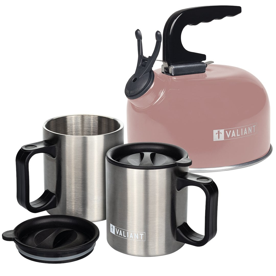 Valiant Pink Camping Kettle & Insulated Mugs Pack - 3 Pack - Kettle And Mug Set
