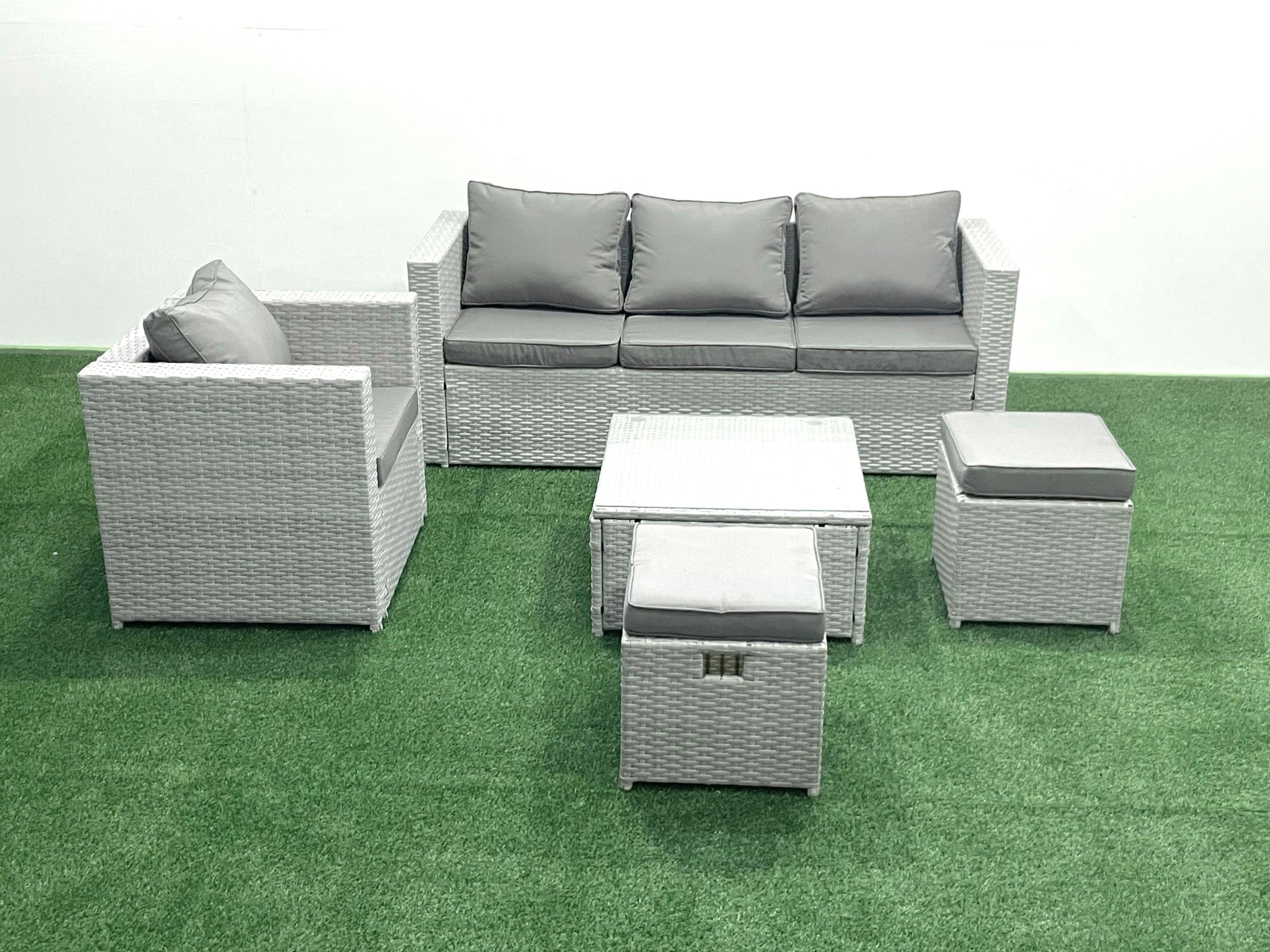 Rackhams Light/Grey 6 Seater Rattan Garden Furniture Set With 3 Seater Sofa Chair Square Coffee Table Big Footstool Mixed