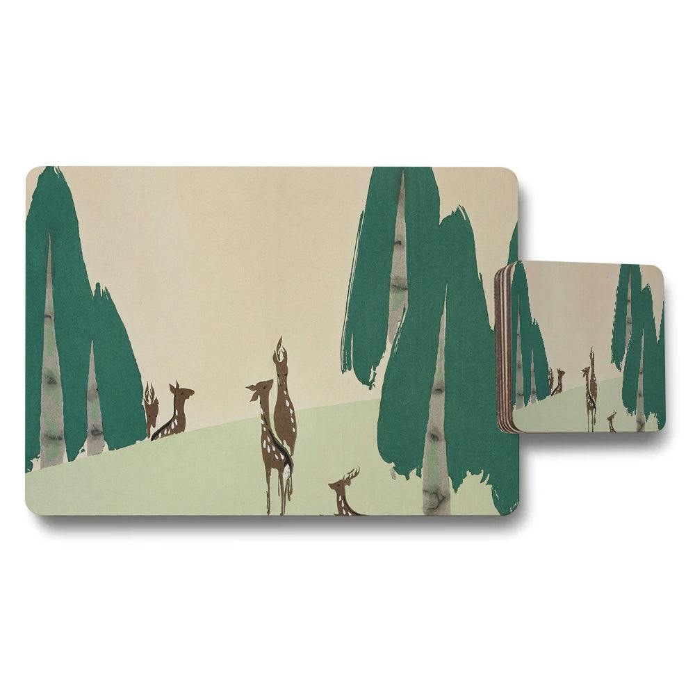 Rackhams Woodland Deer Scene Placemat And Coaster Set For Table Decor