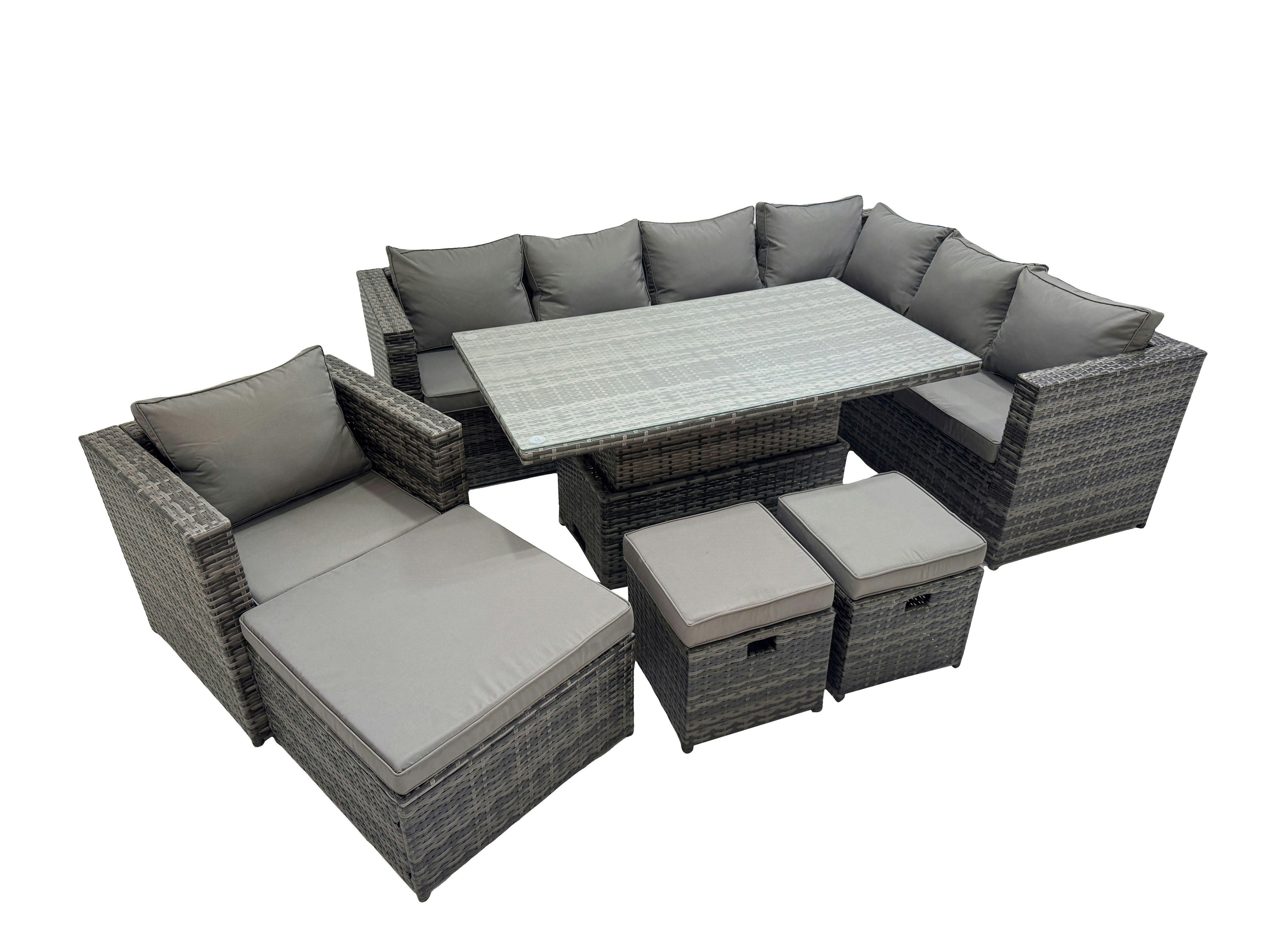 Rackhams Dark/Grey 10 Seater Rattan Height Adjustable Rising Lifting Table Corner Sofa Sets With Chair 3 Stools Mixed