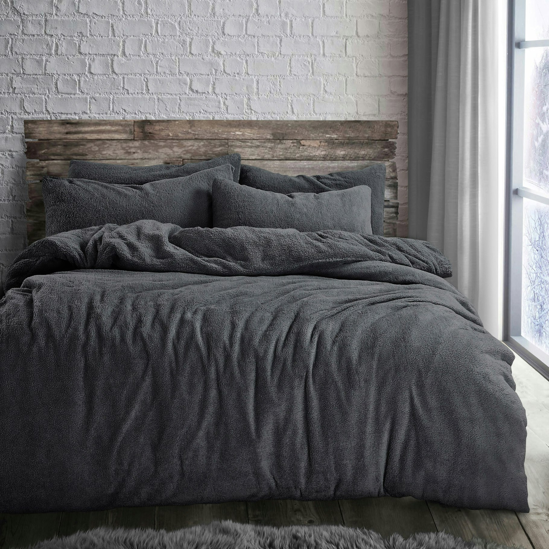 Velosso Plain Teddy Fluffy And Warm Fleece Duvet Cover Set - Charcoal - Single