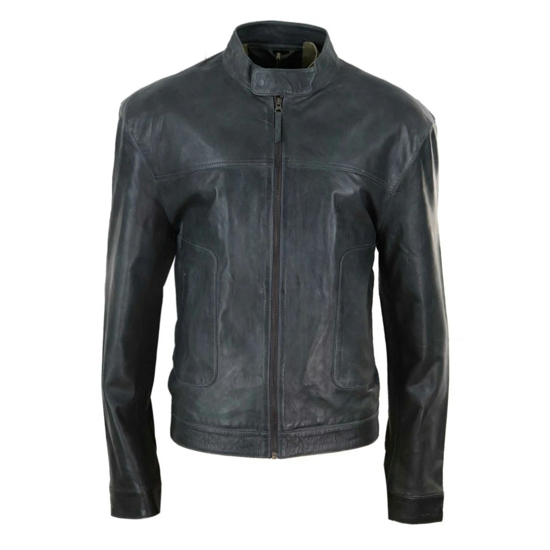 Infinity Leather Men's Grey Leather Company Classic Leather Biker Jacket Collarless - 4XL